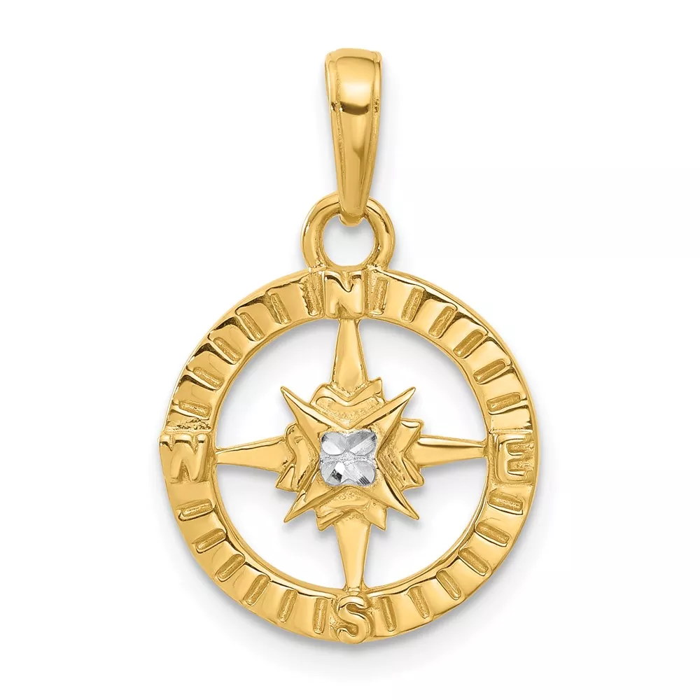14k and White Rhodium Diamond-cut Compass Pendant