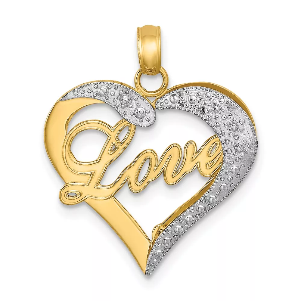 14k with White Rhodium Heart Diamond-cut LOVE Charm