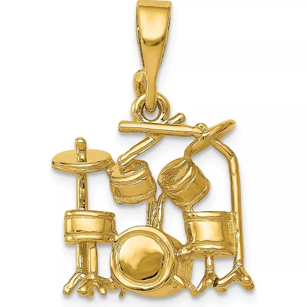 14K Yellow Gold 3D Drum Set Charm Pendant - Polished Textured Design by Oro Pregiato