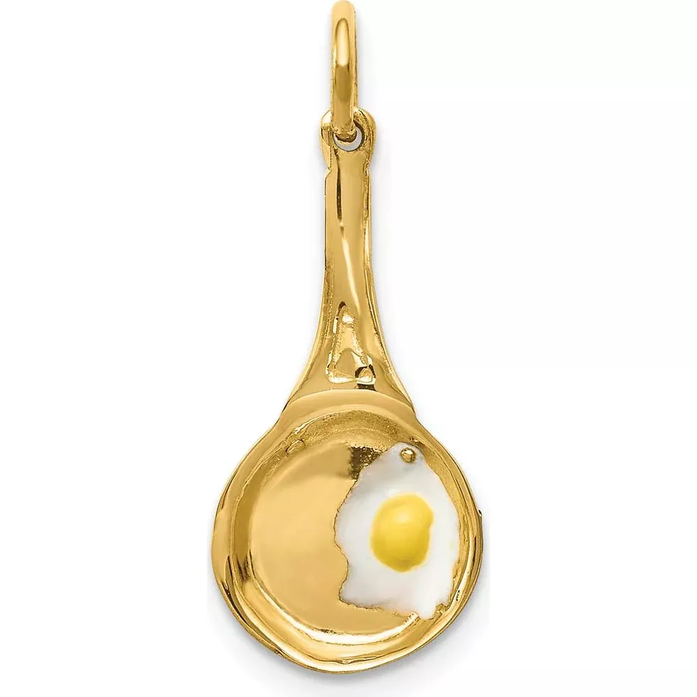 14K Yellow Gold 3D Frying Pan Pendant with Enameled Egg Charm by Oro Pregiato