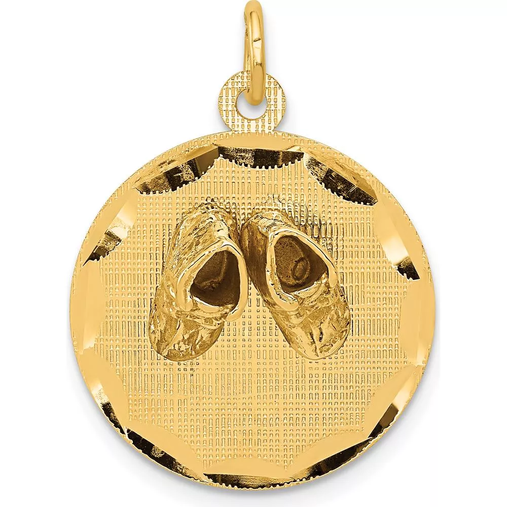 14K Yellow Gold Engravable Baby Shoes on 19mm Disc Charm by Oro Pregiato