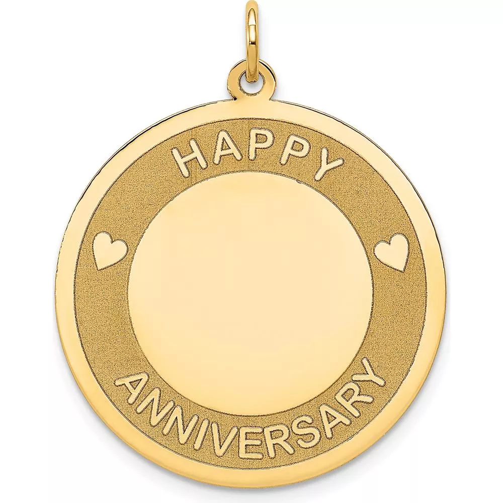 14K Yellow Gold Engravable "Happy Anniversary" Disc Charm with Heart Design - 25mm by Oro Pregiato