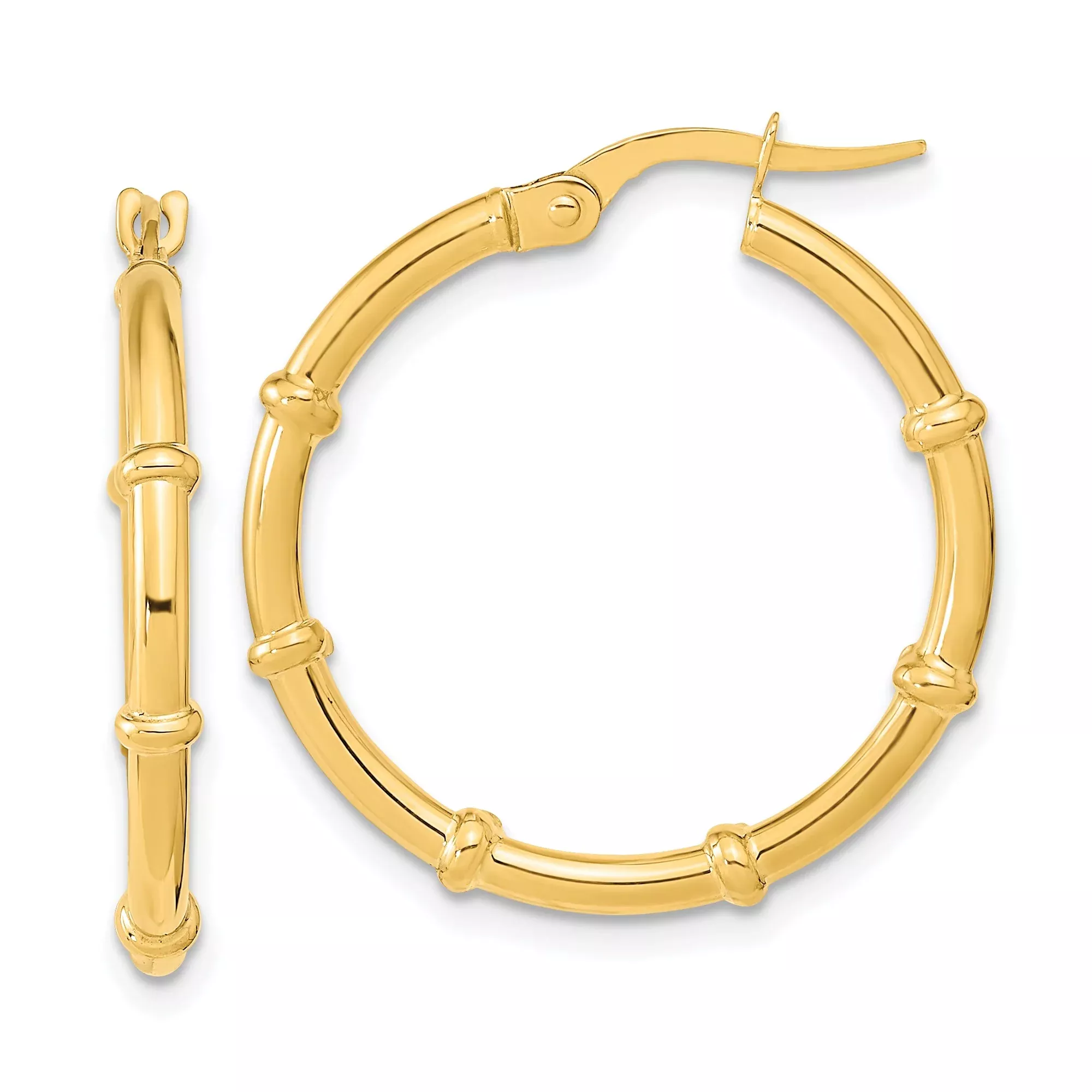 14k Yellow Gold Hoop Earrings, Bamboo Style with Polished Finish and Segment Ridges
