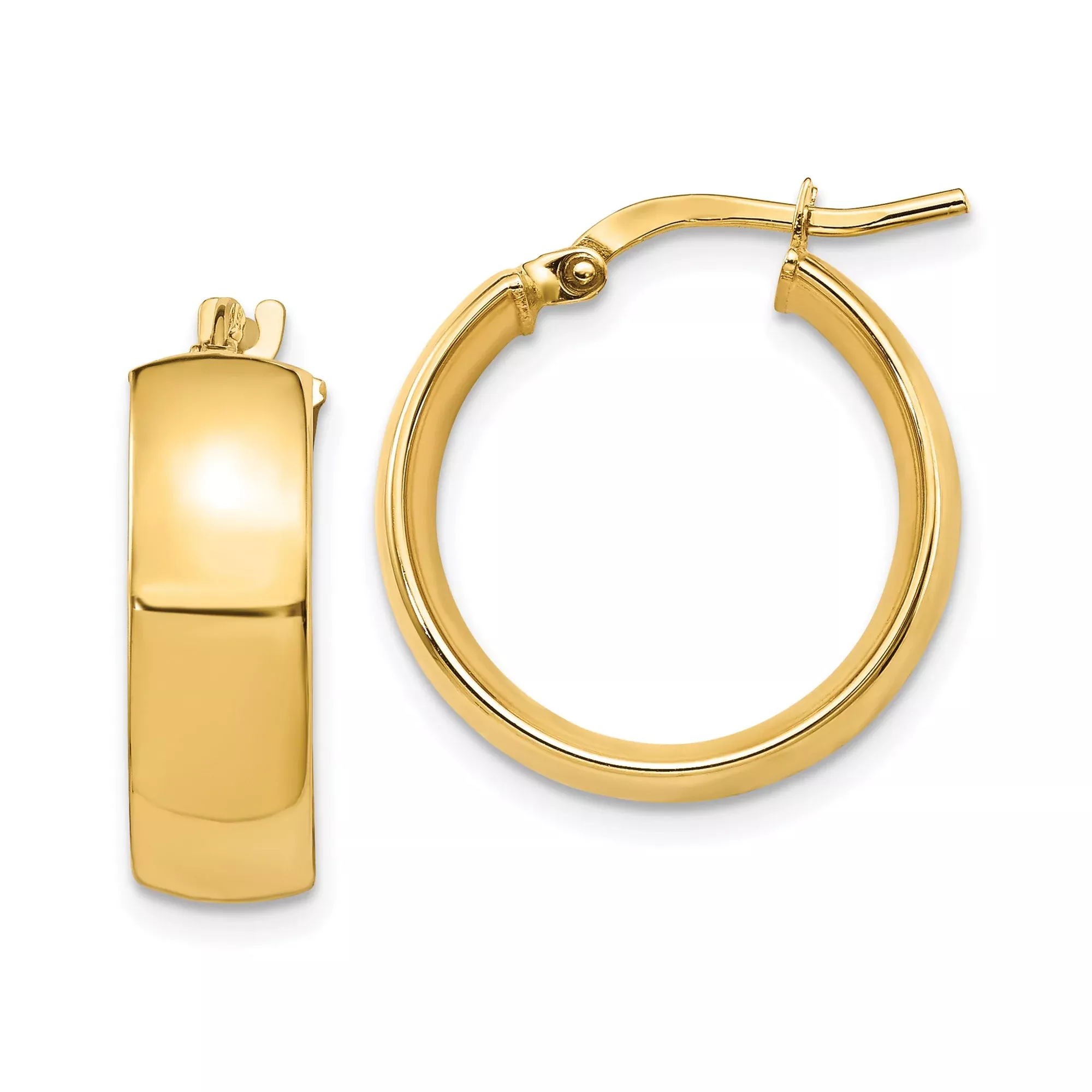 14k Yellow Gold Hoop Earrings, Classic Round Polished Hoops with Hinged Clasp for Women