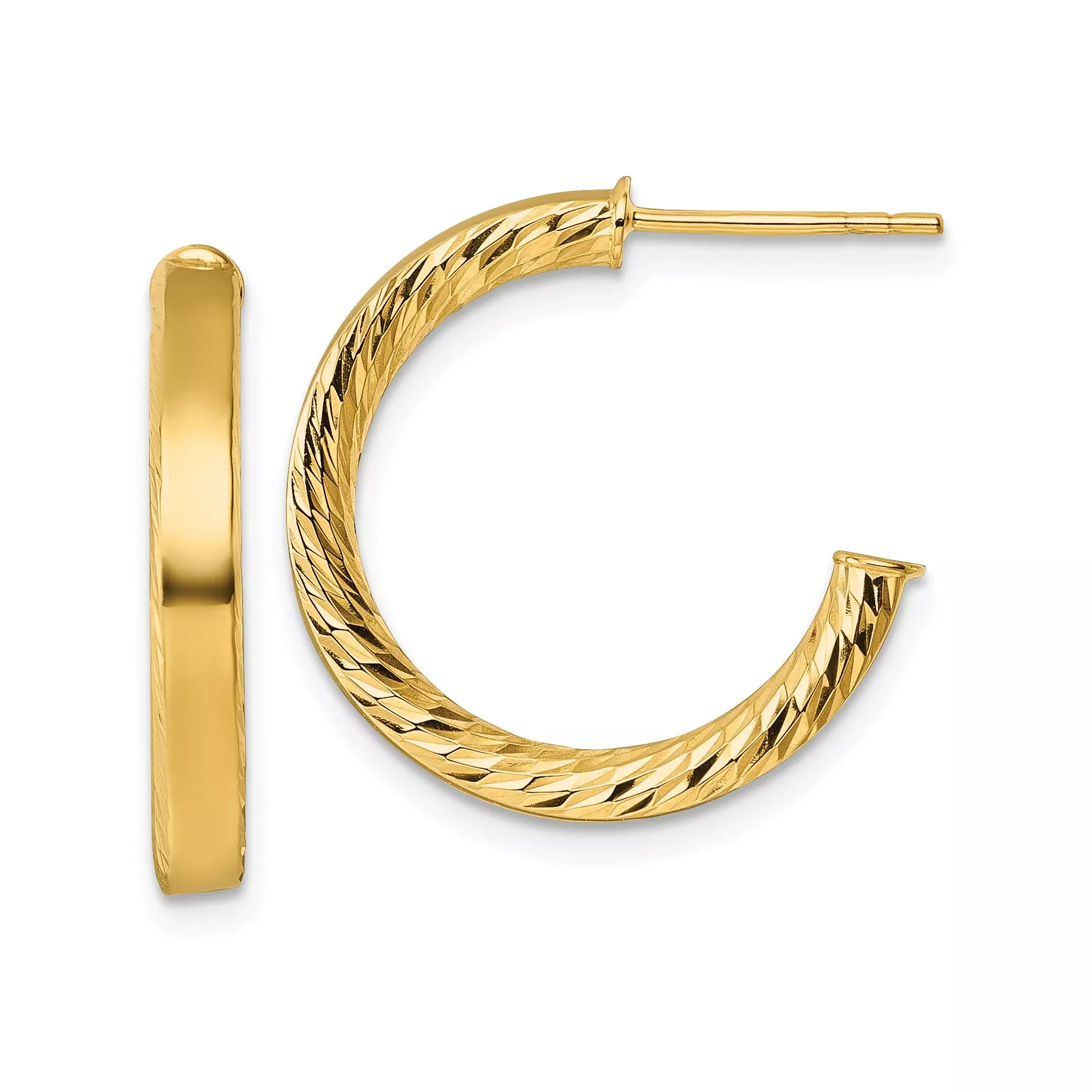 14k Yellow Gold Hoop Earrings, Diamond Cut Twist Design, Medium Bold Lightweight Style for Women