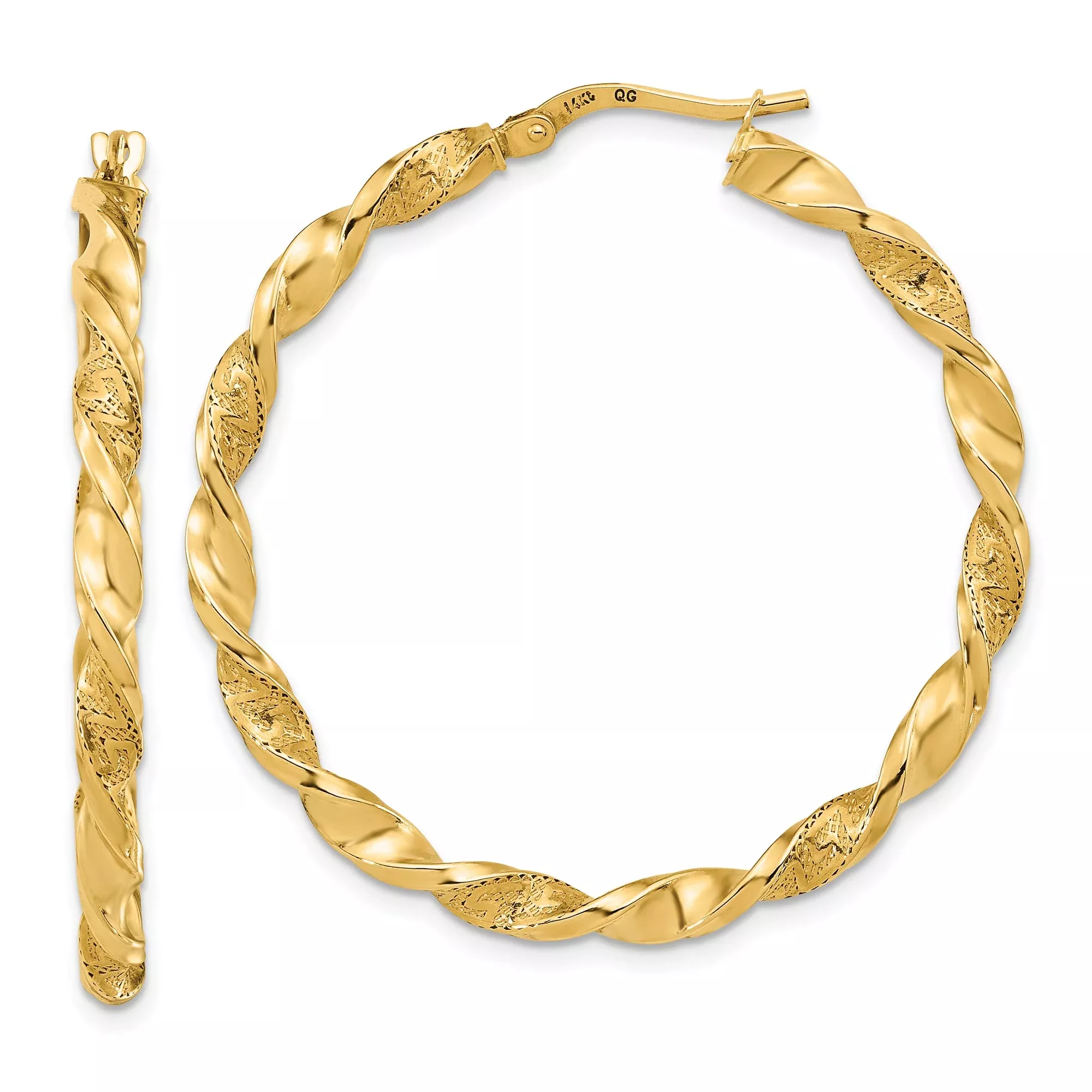 14k Yellow Gold Hoop Earrings, Twisted Design with Textured and Polished Finish