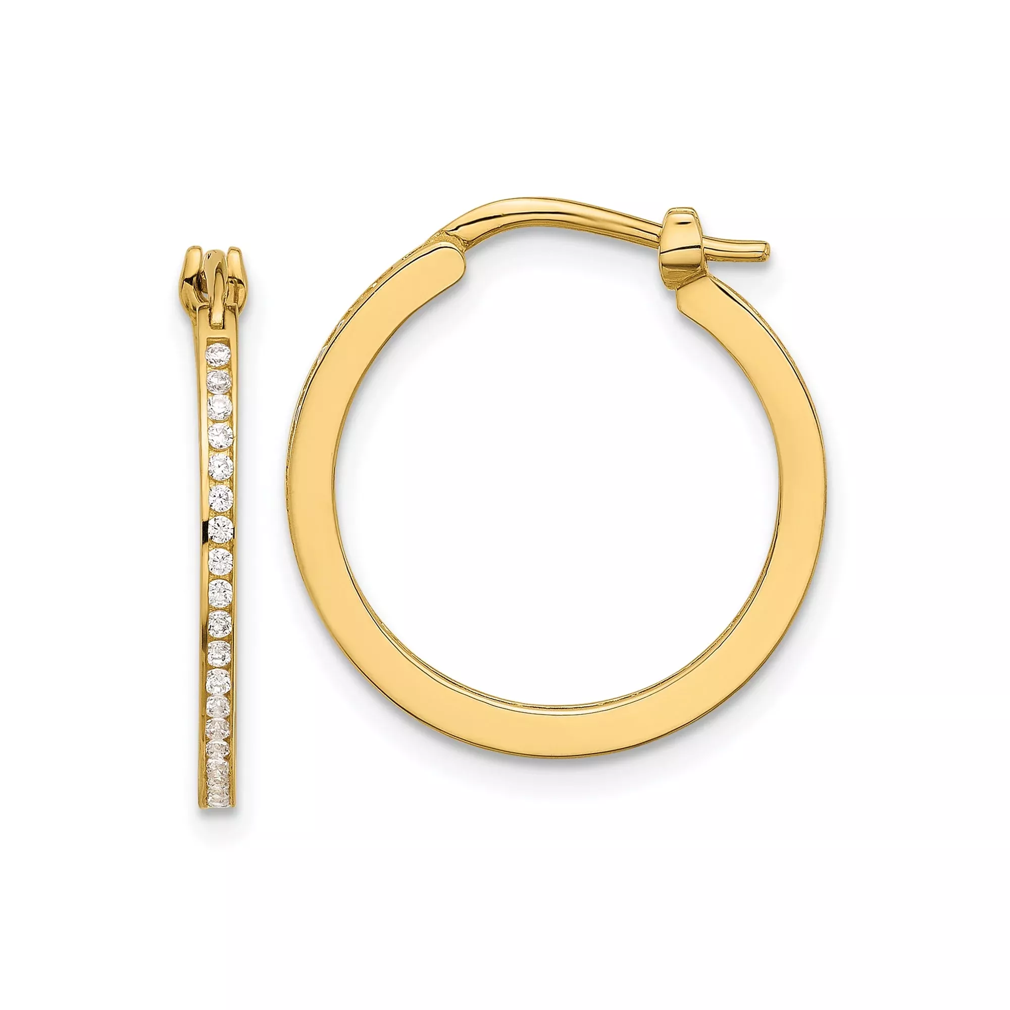 14k Yellow Gold Hoop Earrings with Cubic Zirconia, Polished Lightweight Classic Style