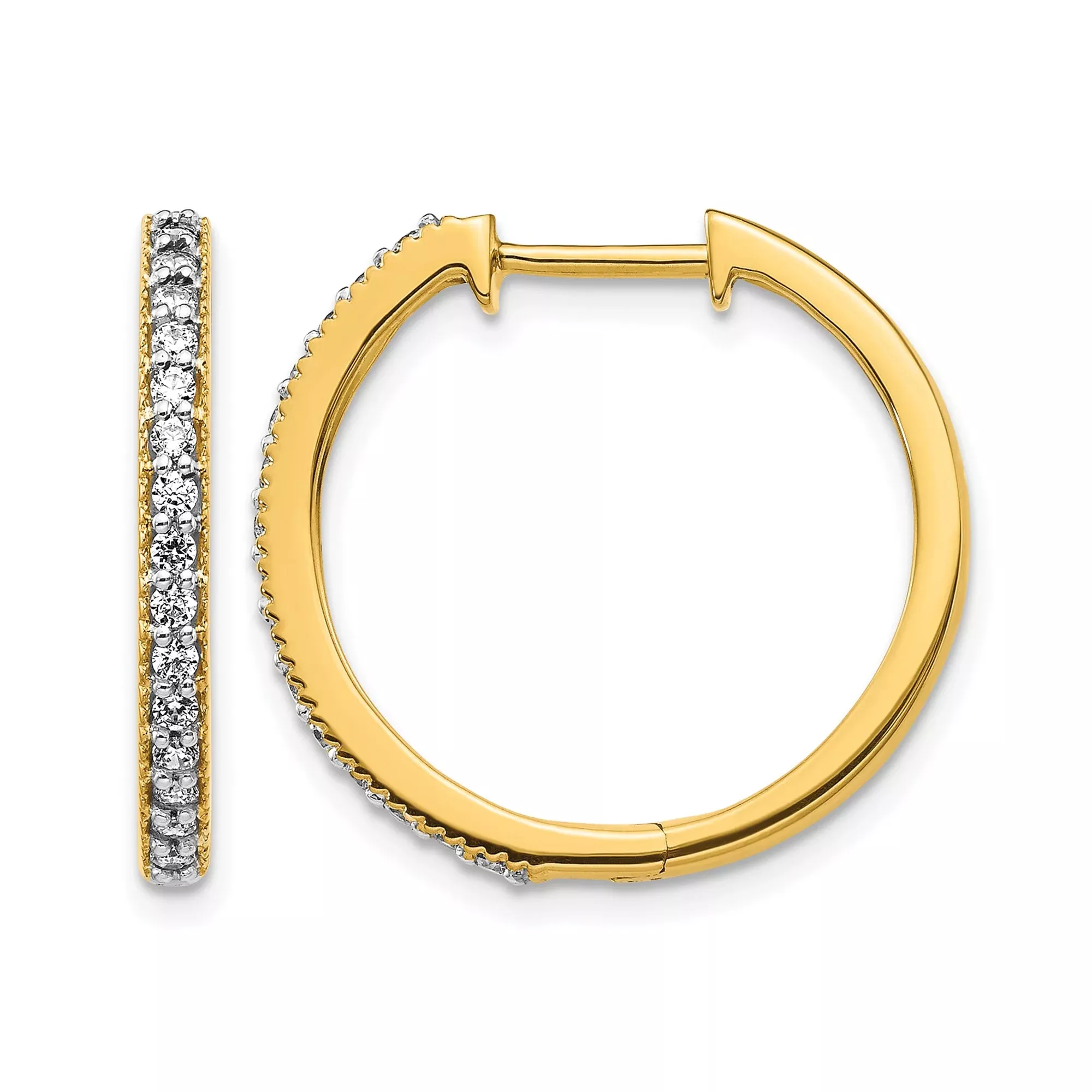 14k Yellow Gold Hoop Earrings with Diamond, Pave Setting, Polished Minimalist Design