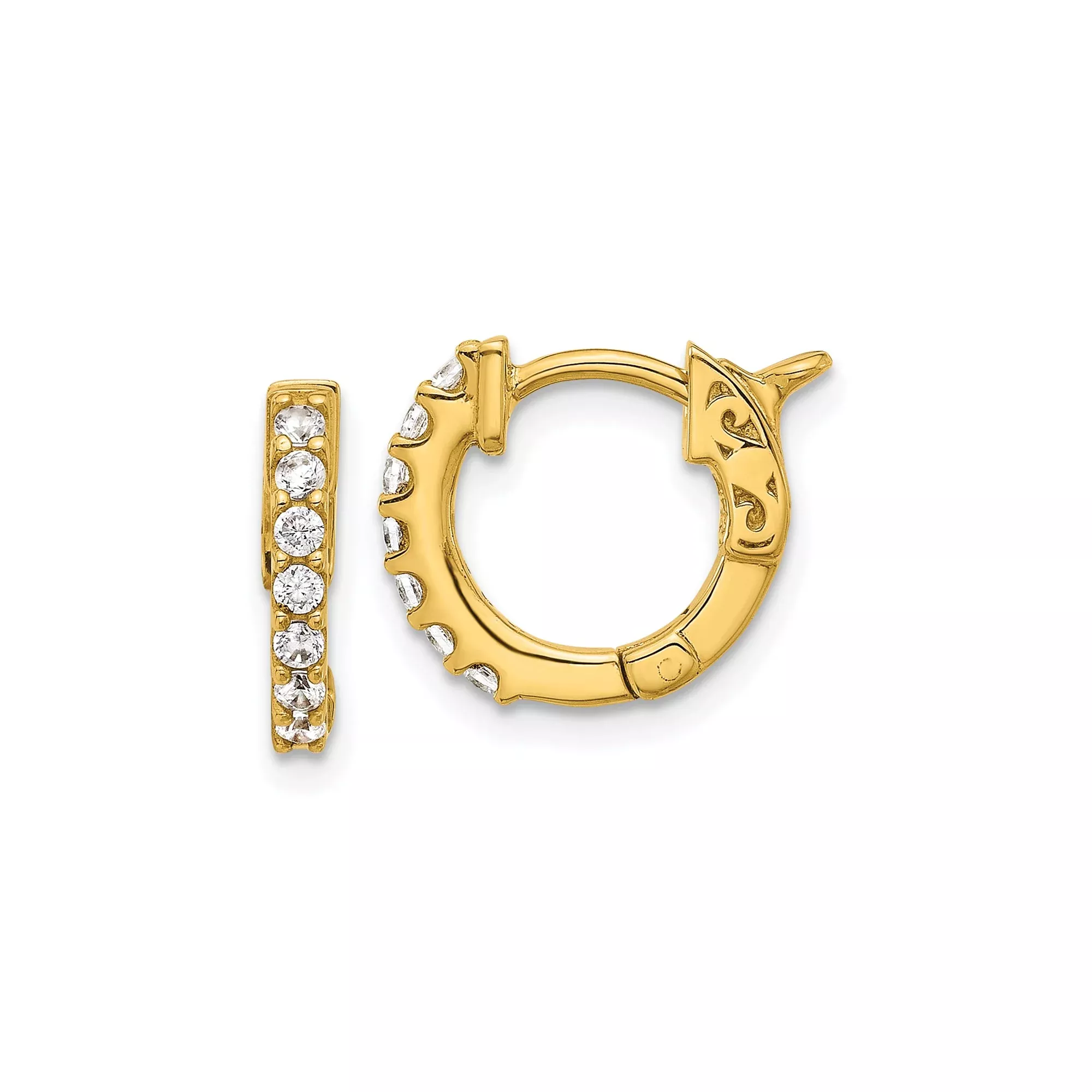 14k Yellow Gold Hoop Earrings with Diamonds, Scroll Design, High Polish Finish