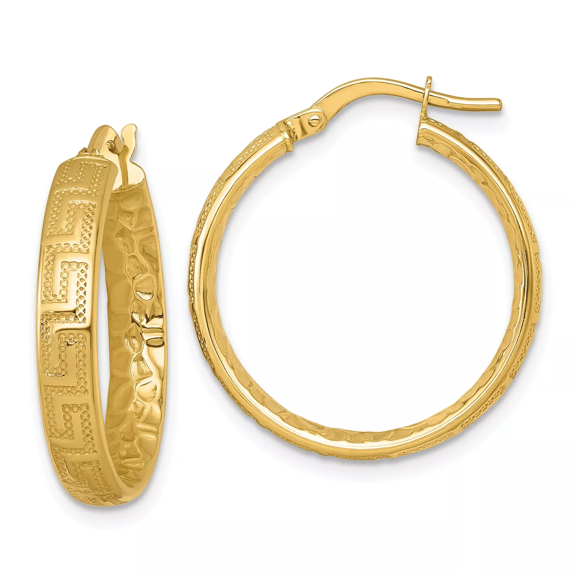 14k Yellow Gold Hoop Earrings with Hammered Finish and Greek Key Pattern