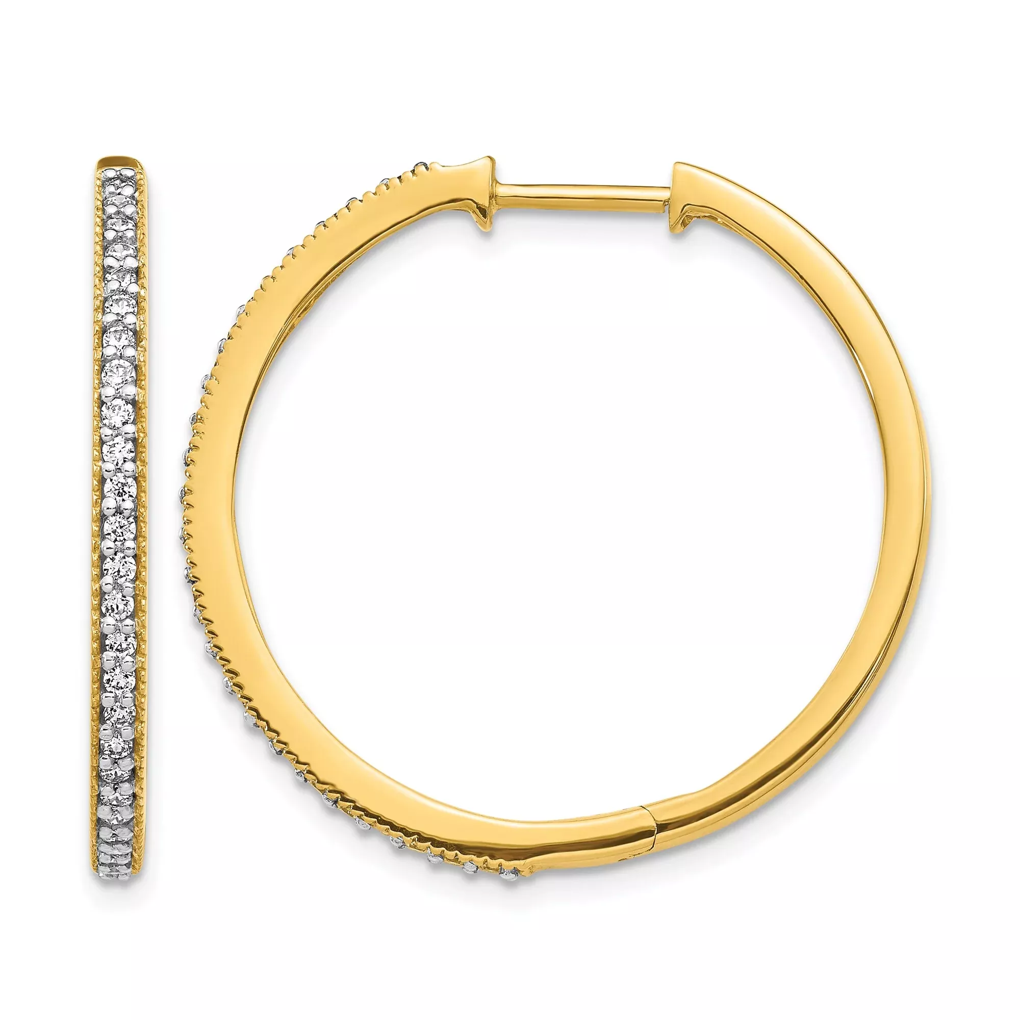 14k Yellow Gold Hoop Earrings with Pavé Set Diamonds, Classic Hinged Design for Women