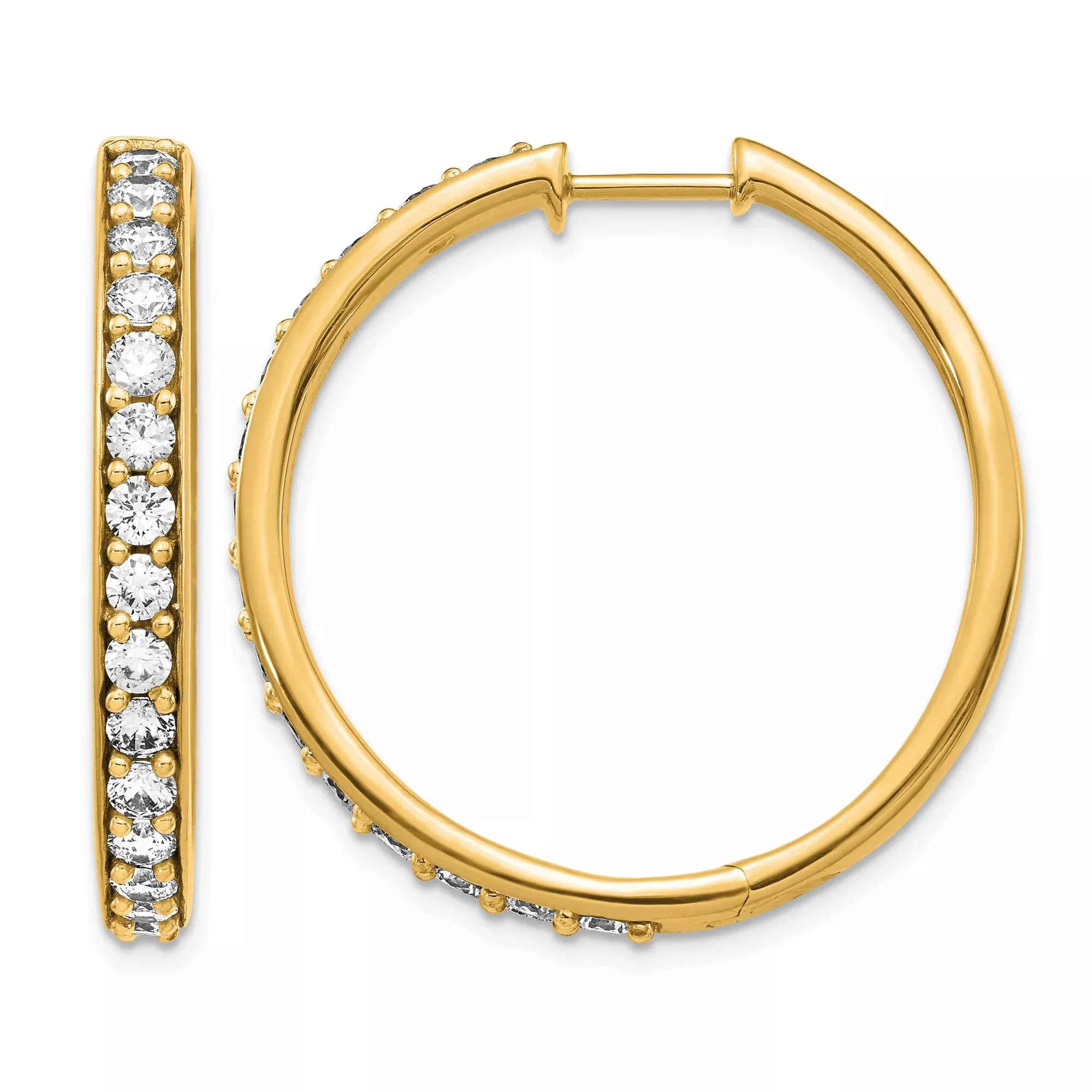 14k Yellow Gold Hoop Earrings with Round Cut Diamond in Shared Prong Setting