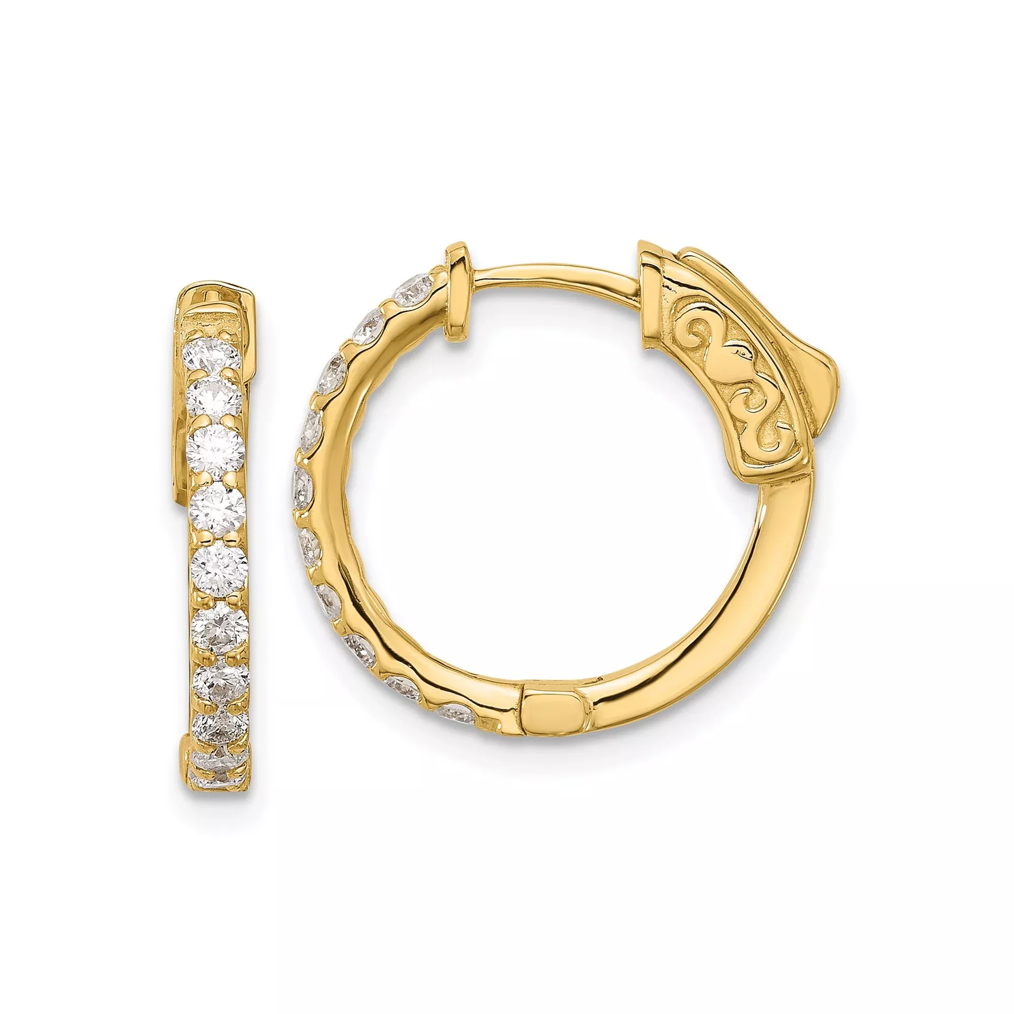 14k Yellow Gold Hoop Earrings with Round Cut Diamonds, Channel Setting and Scroll Design