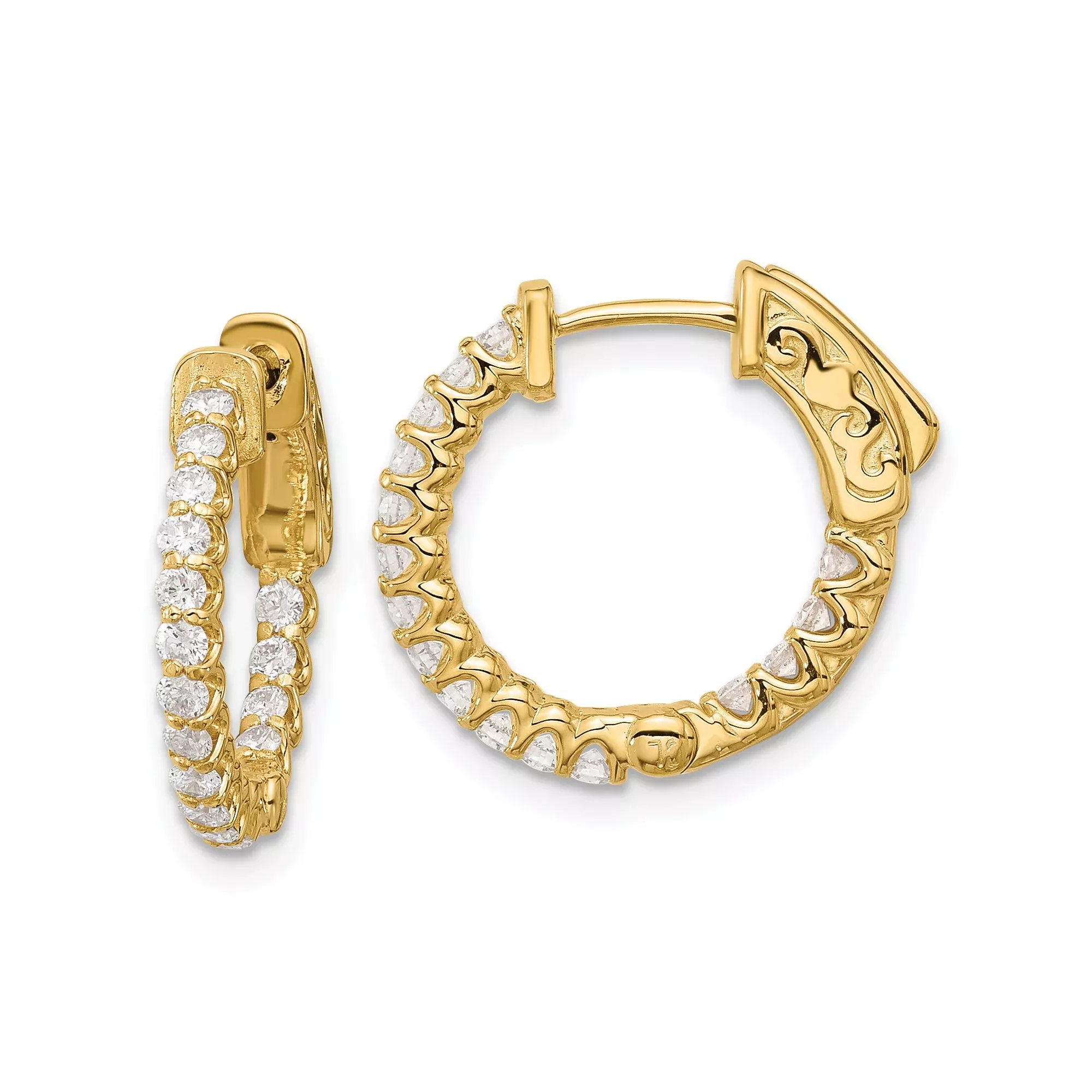 14k Yellow Gold Hoop Earrings with Round Cut Diamonds, Inside Out Scroll Design