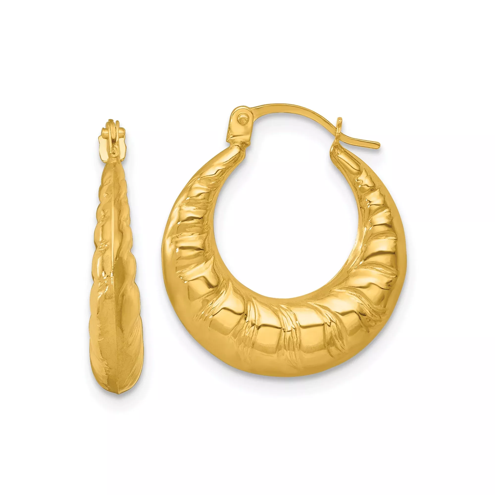 14k Yellow Gold Hoop Earrings with Twisted Textured Design and Polished Finish