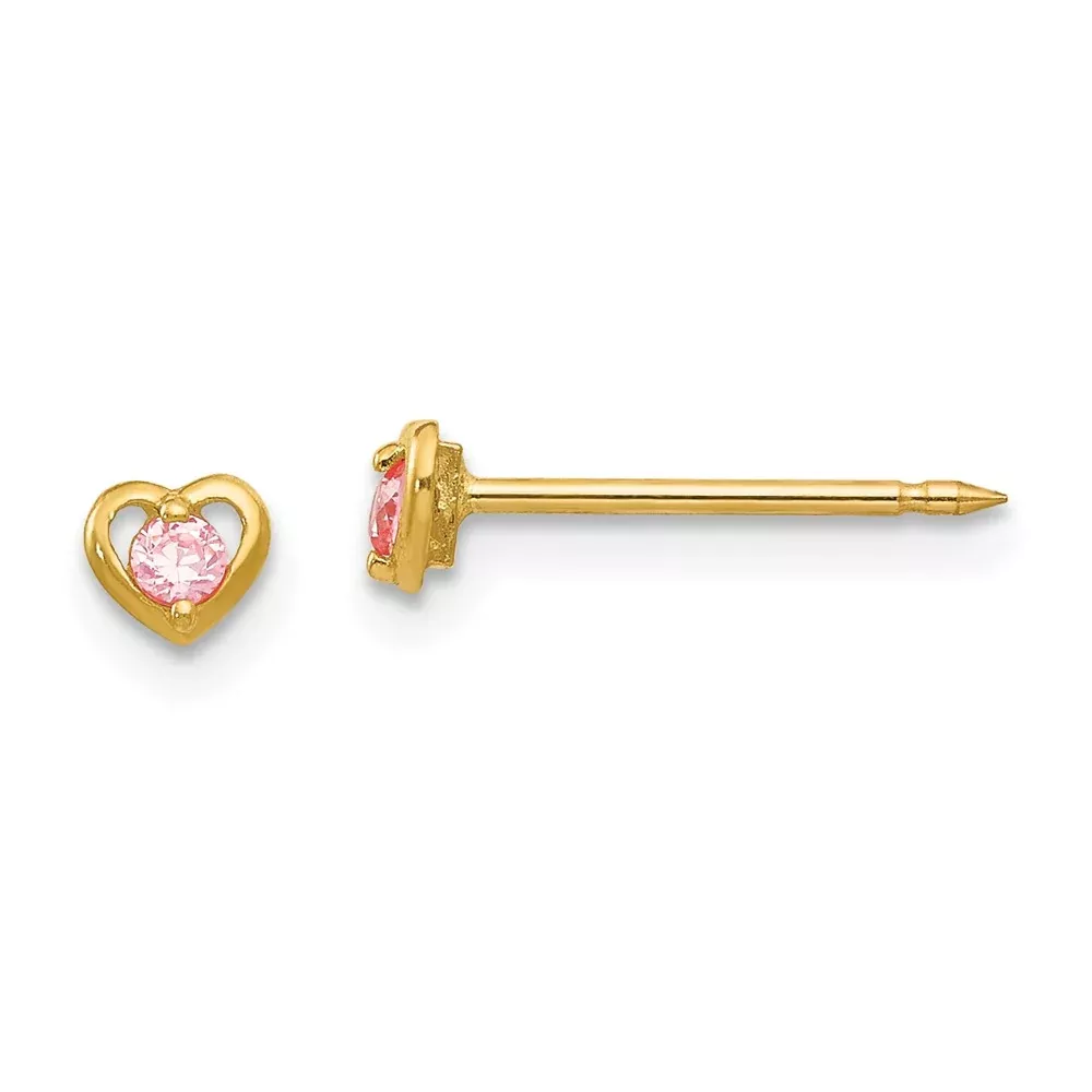 14K Yellow Gold Inverness Heart W /Pink Cz Earrings