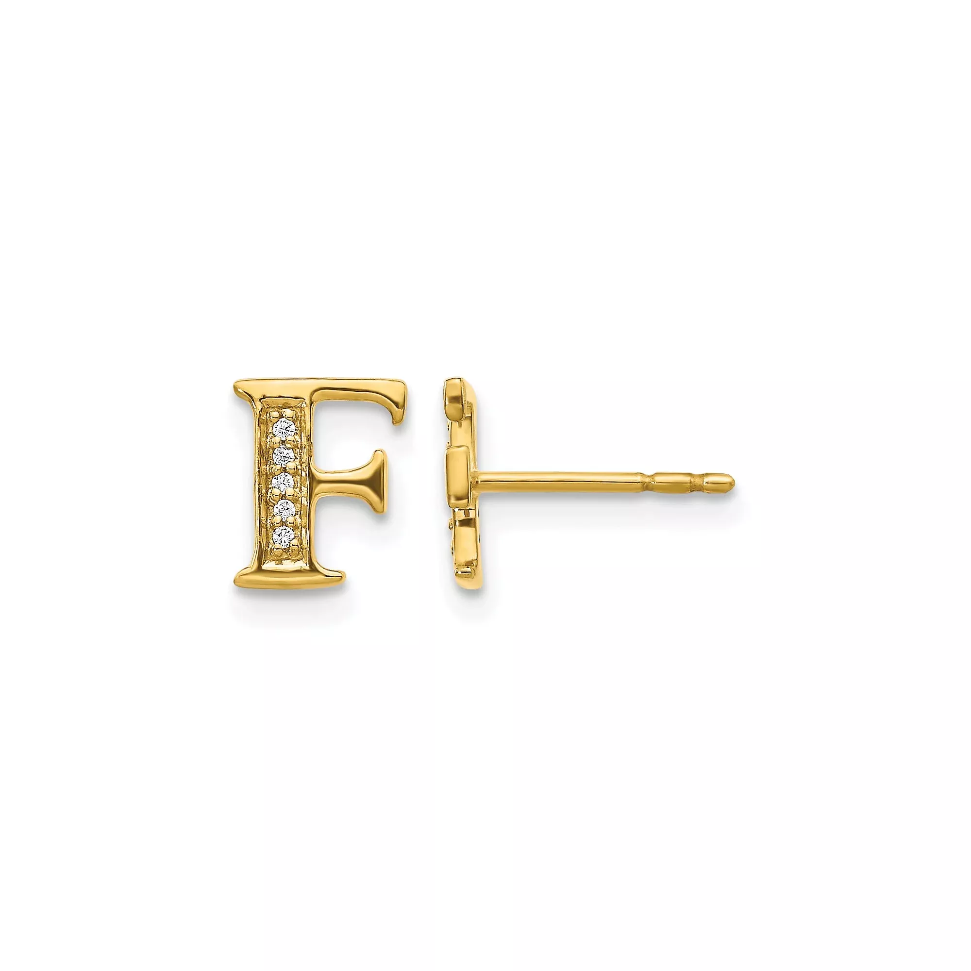 14k Yellow Gold Letter F Stud Earring with Diamonds, Dainty Personalized Initial Jewelry