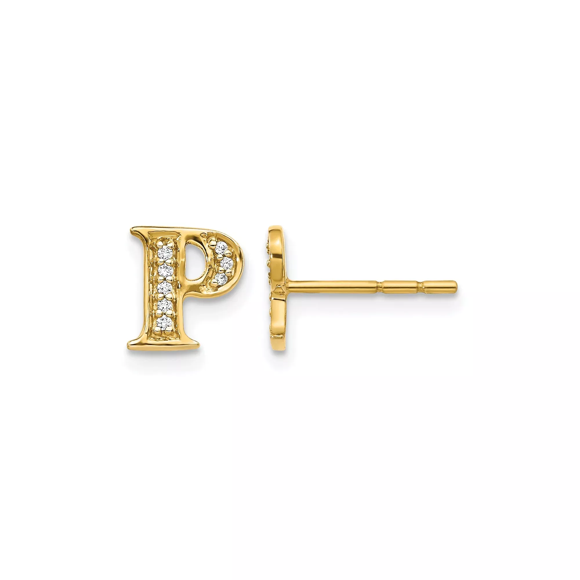 14k Yellow Gold Letter P Stud Earring with Diamond, Personalized Initial Jewelry for Women