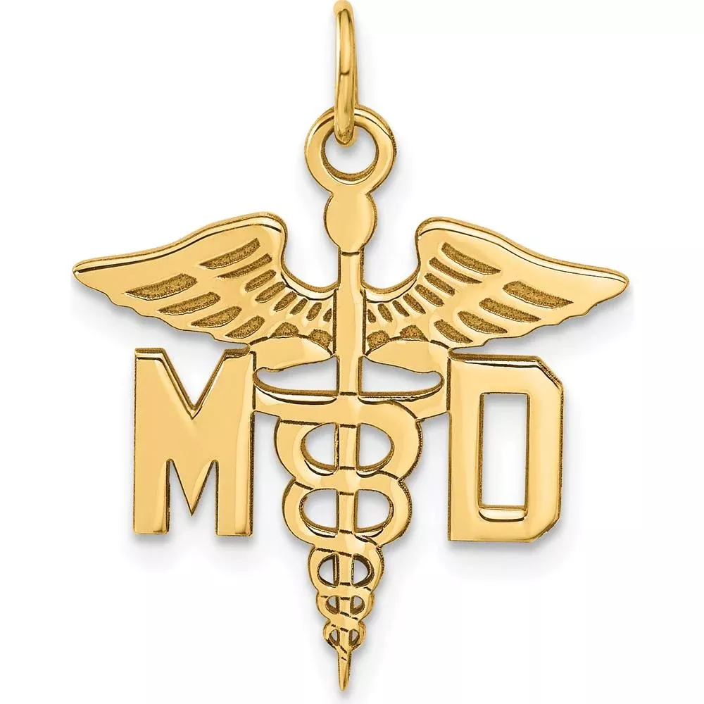 14K Yellow Gold M.D. Caduceus Charm Pendant - Polished Finish by Oro Pregiato
