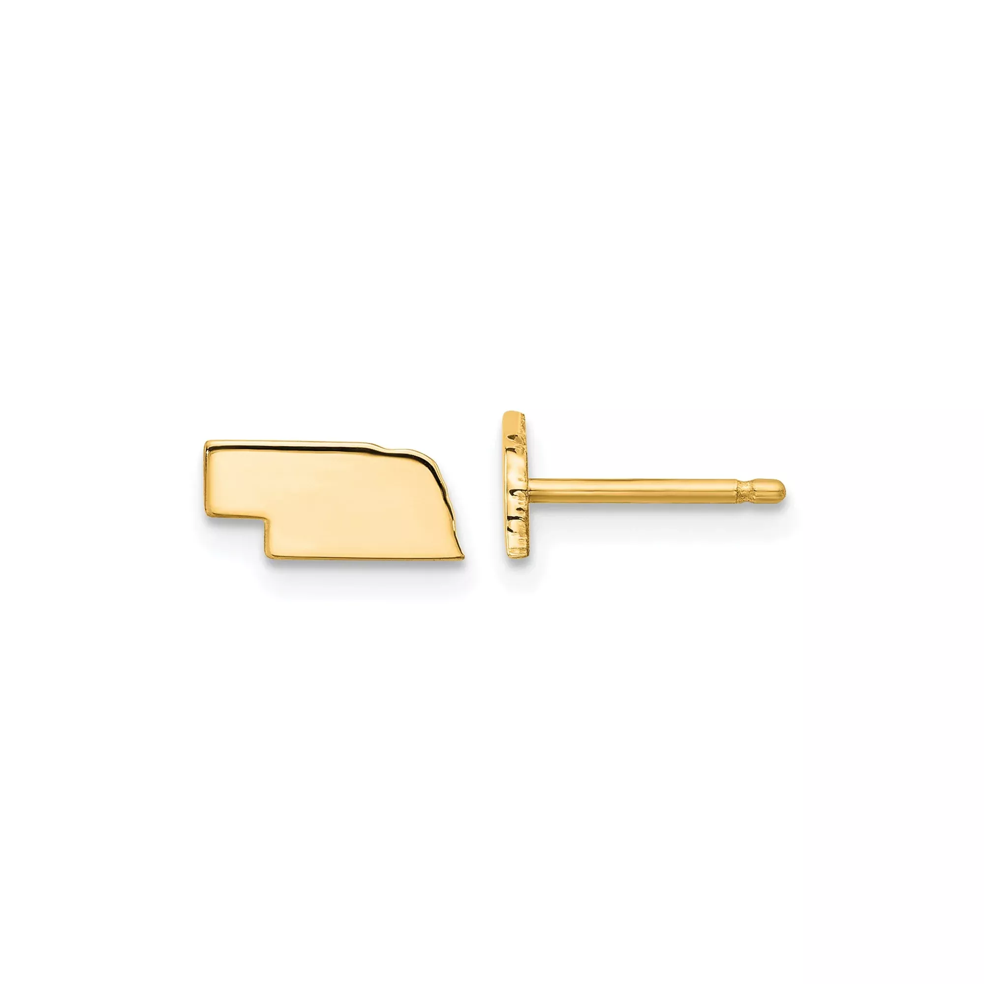 14k Yellow Gold Nebraska State Stud Earrings, Polished Silhouette Map Design, Unisex Jewelry