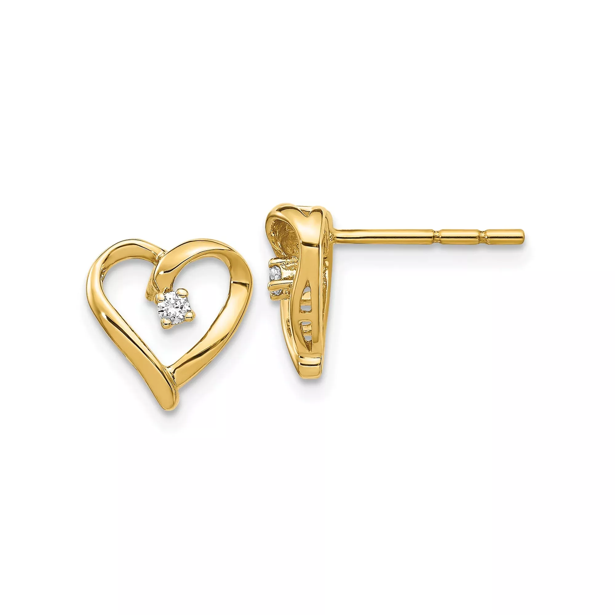 14k Yellow Gold Open Heart Stud Earrings with Diamond Accent for Women