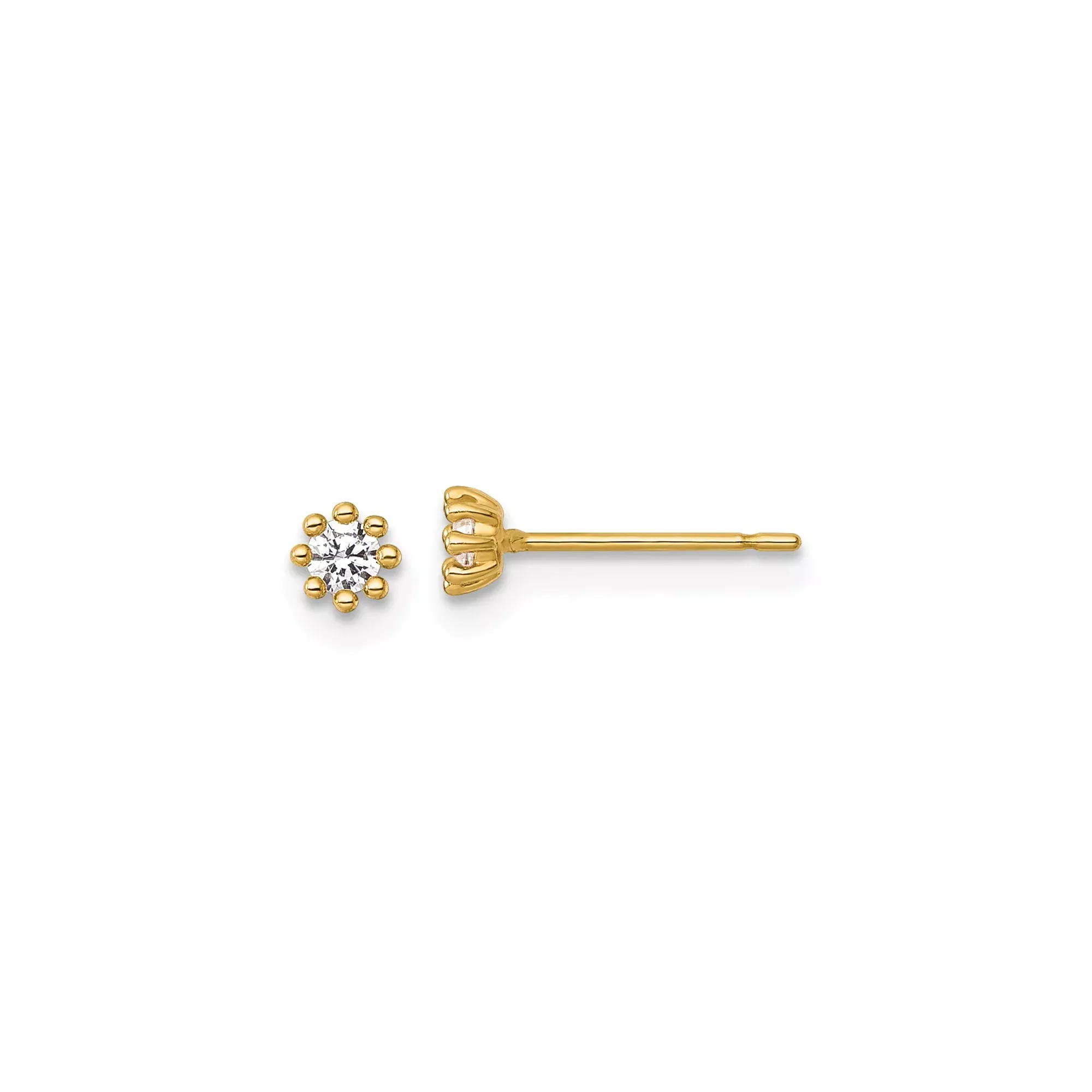 14k Yellow Gold Stud Earrings with Cubic Zirconia in Six Prong Flower Setting, Solitaire Style