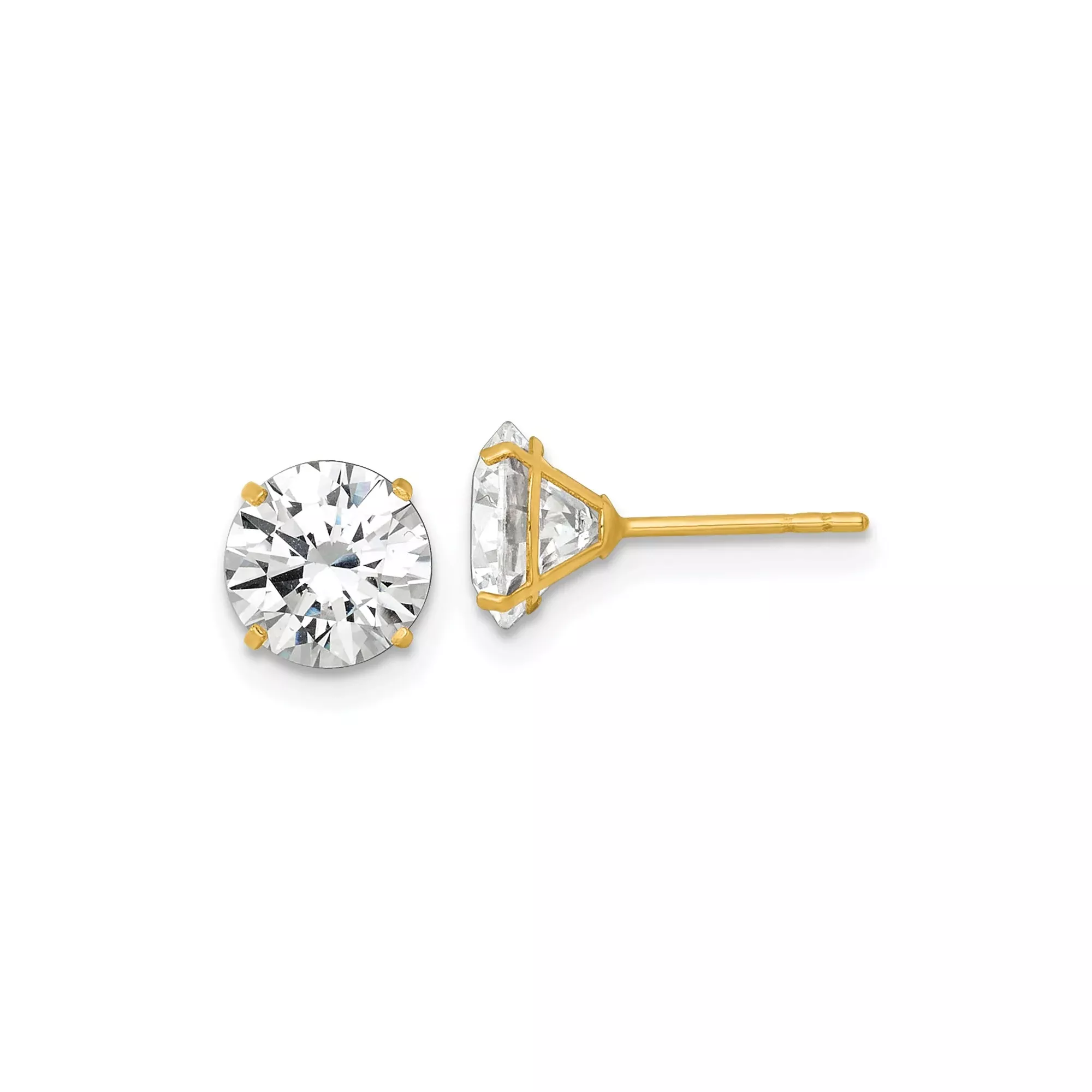 14k Yellow Gold Stud Earrings with Cubic Zirconia, Solitaire Four Prong Setting