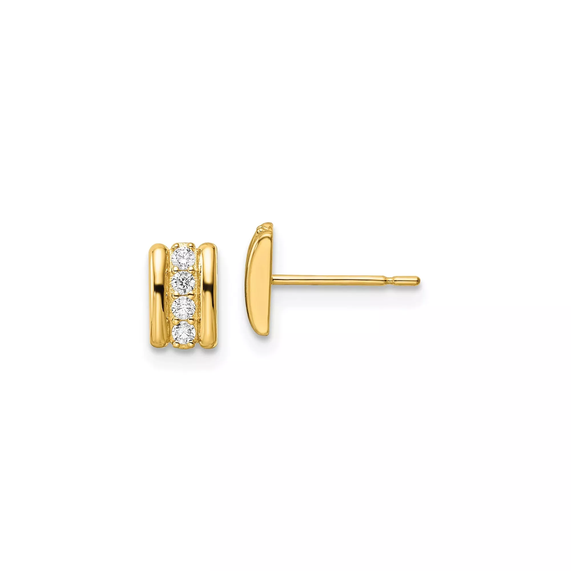 14k Yellow Gold Stud Earrings with Cubic Zirconia, Vertical Bar Design, Minimalist Modern Style