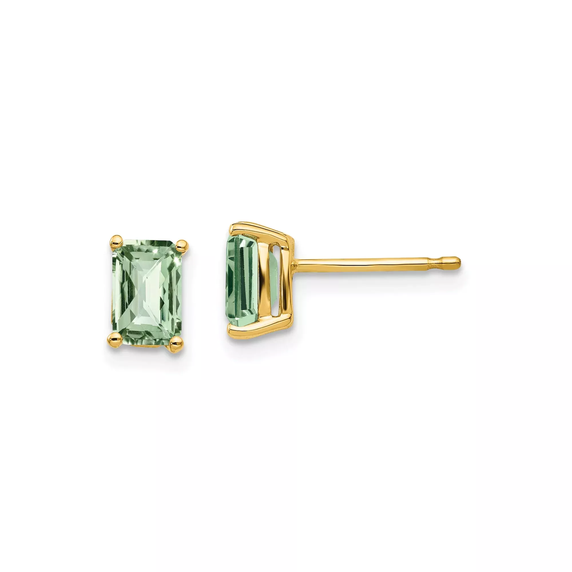 14k Yellow Gold Stud Earrings with Green Checker Cut Quartz, Rectangular Minimal Design