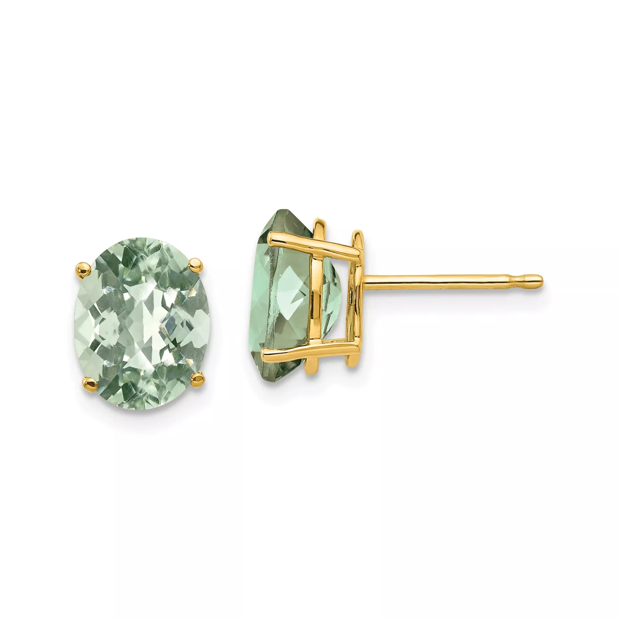 14k Yellow Gold Stud Earrings with Oval Cut Green Quartz, Minimalist Prong Set Design