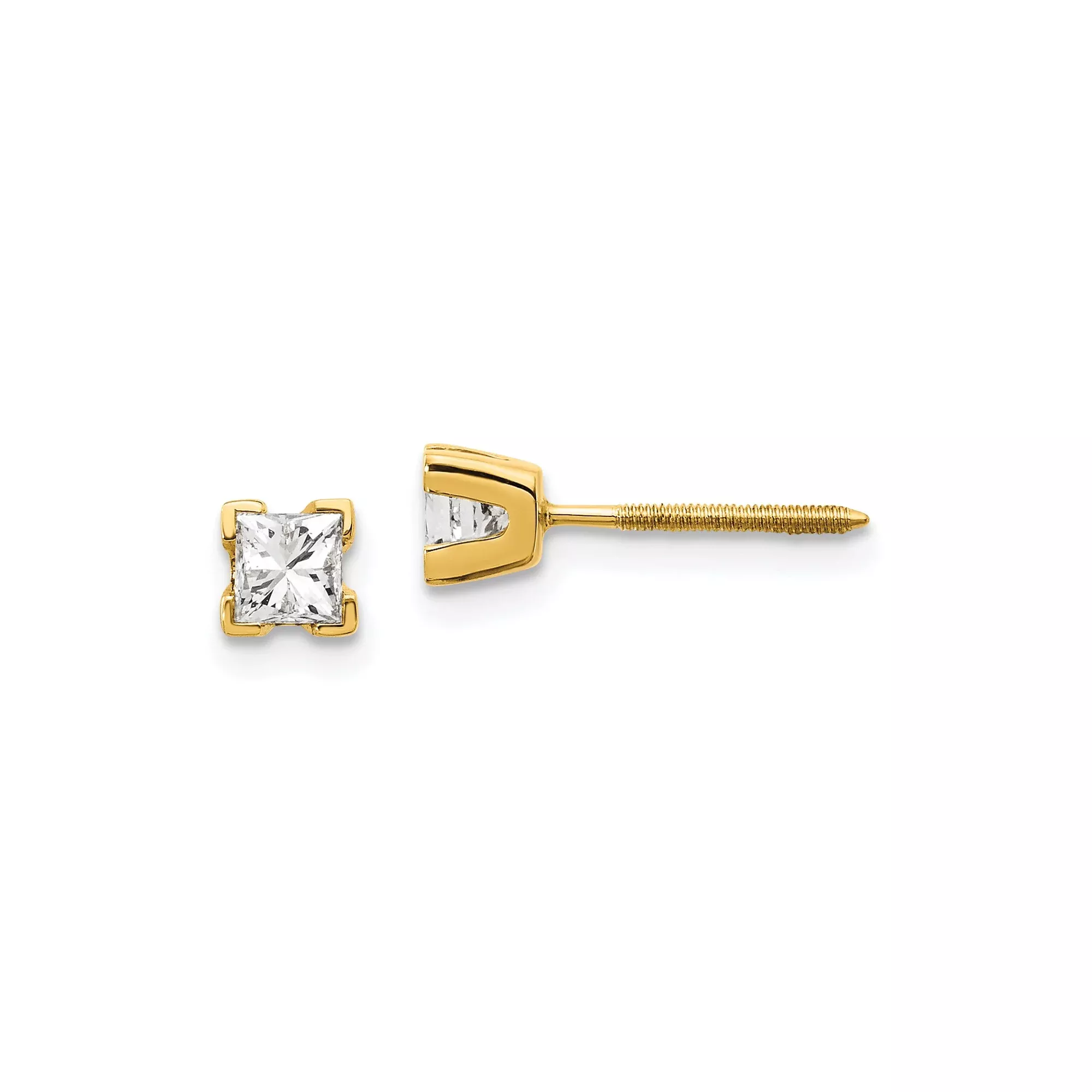 14k Yellow Gold Stud Earrings with Princess Cut Diamond, Four Prong Screw Back Design