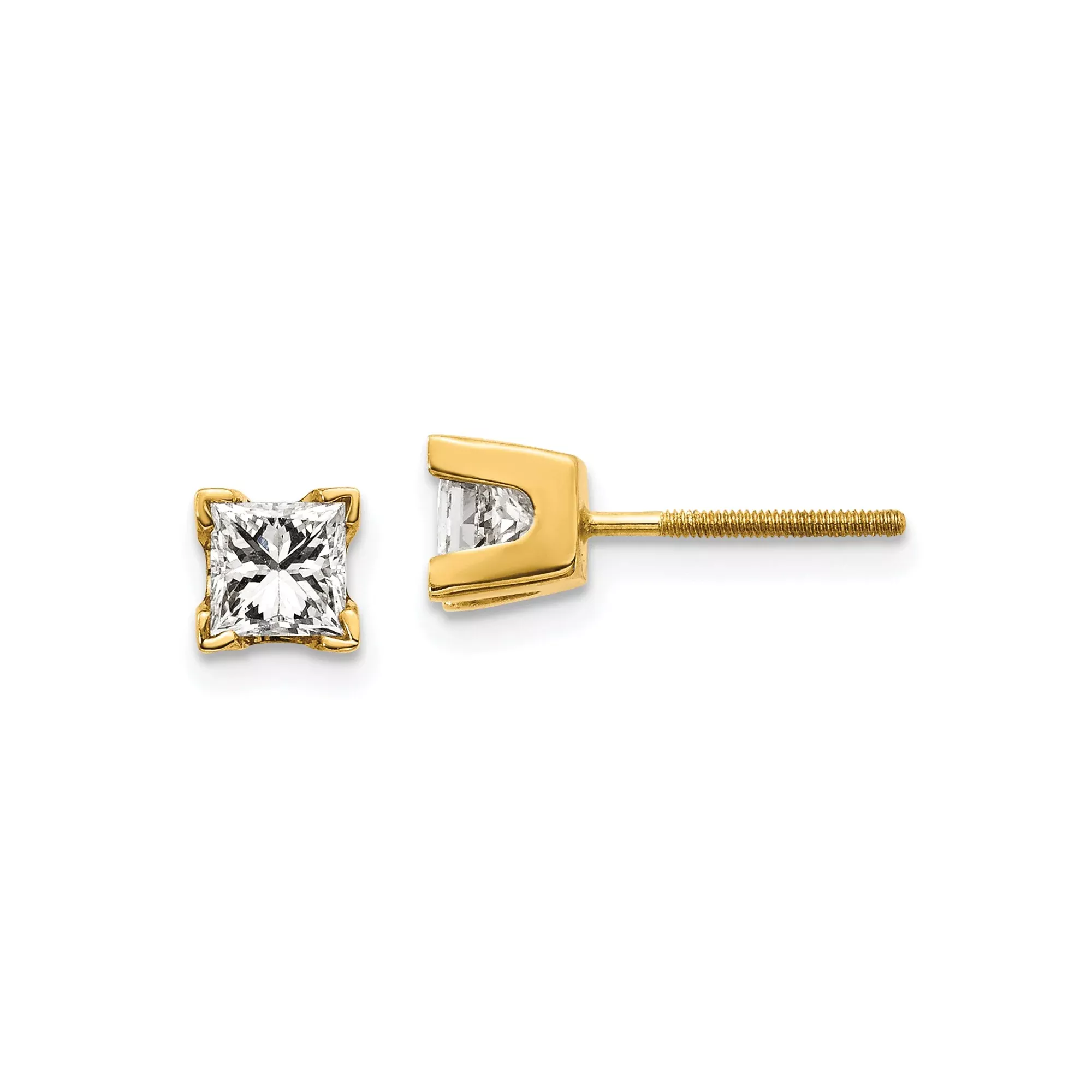 14k Yellow Gold Stud Earrings with Princess Cut Diamond in Solitaire Setting