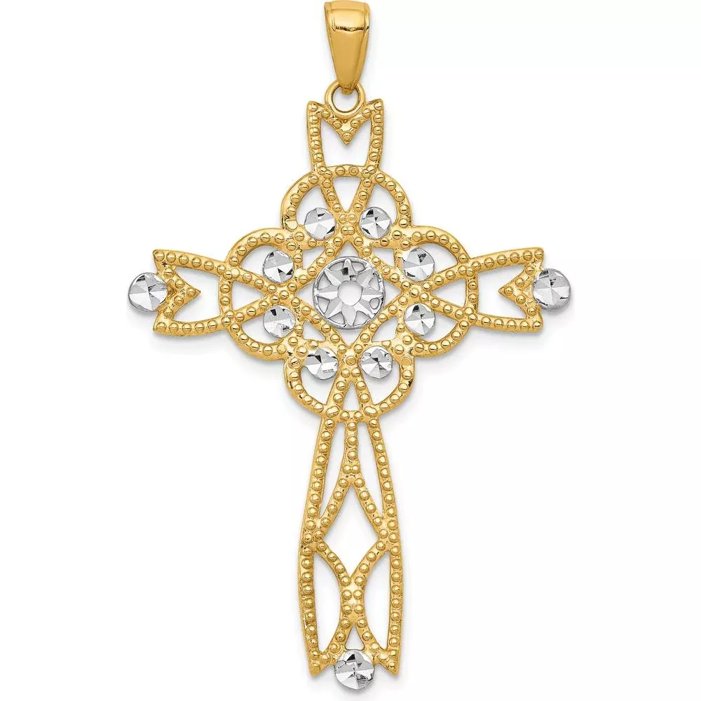 14K Yellow Gold and White Rhodium Diamond-Cut Beaded Trim Cross Pendant - 47mm by Oro Pregiato