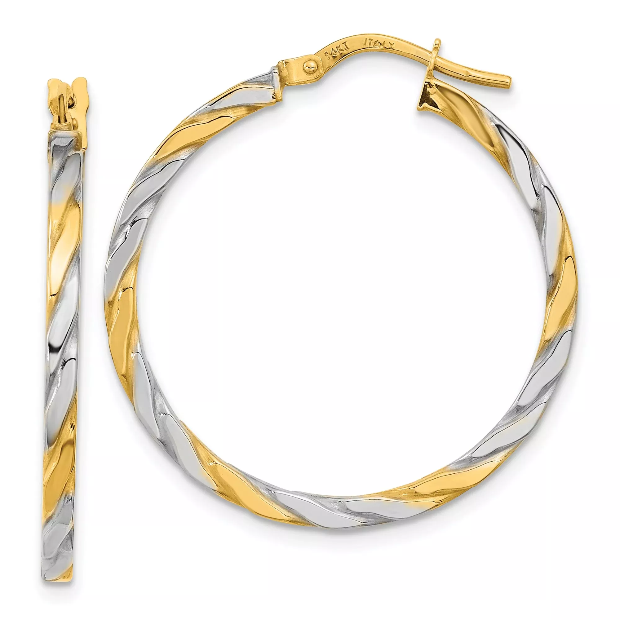 14k Yellow and White Gold Twisted Hoop Earrings, Italian Braided Design for Women
