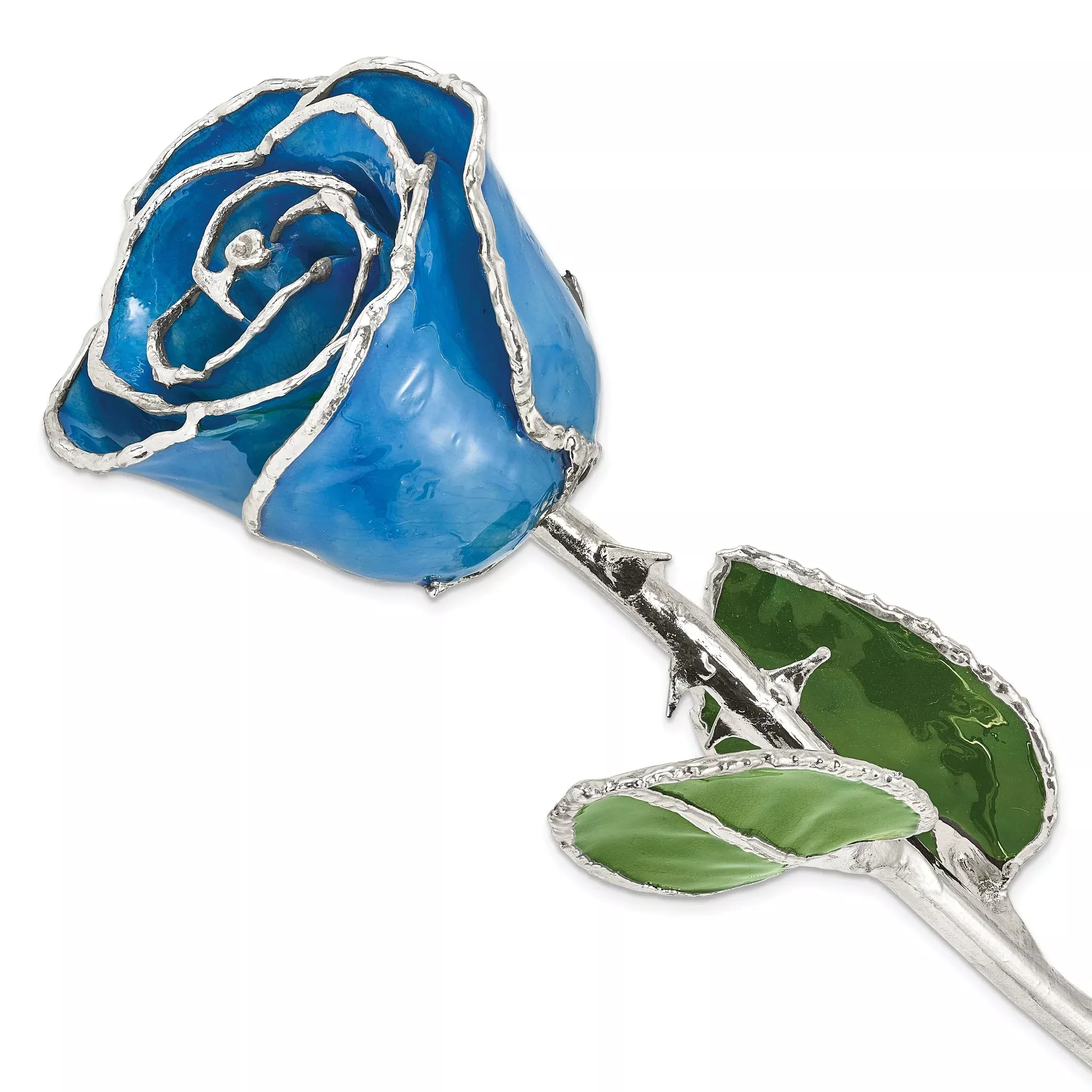 Blue Lacquer Dipped Silver Trimmed Real Rose