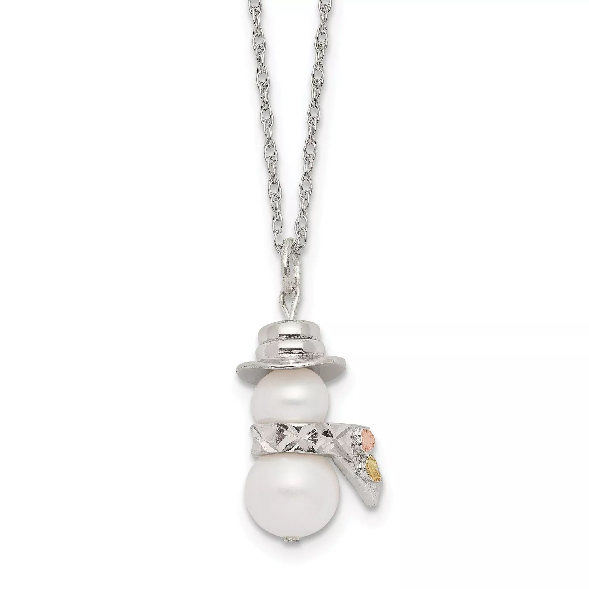 Landstrom's Mt. Rushmore Black Hills Sterling Silver 12K Gold Accents Imitation Pearl Snowman 18 inch Spring Ring Clasp Necklace