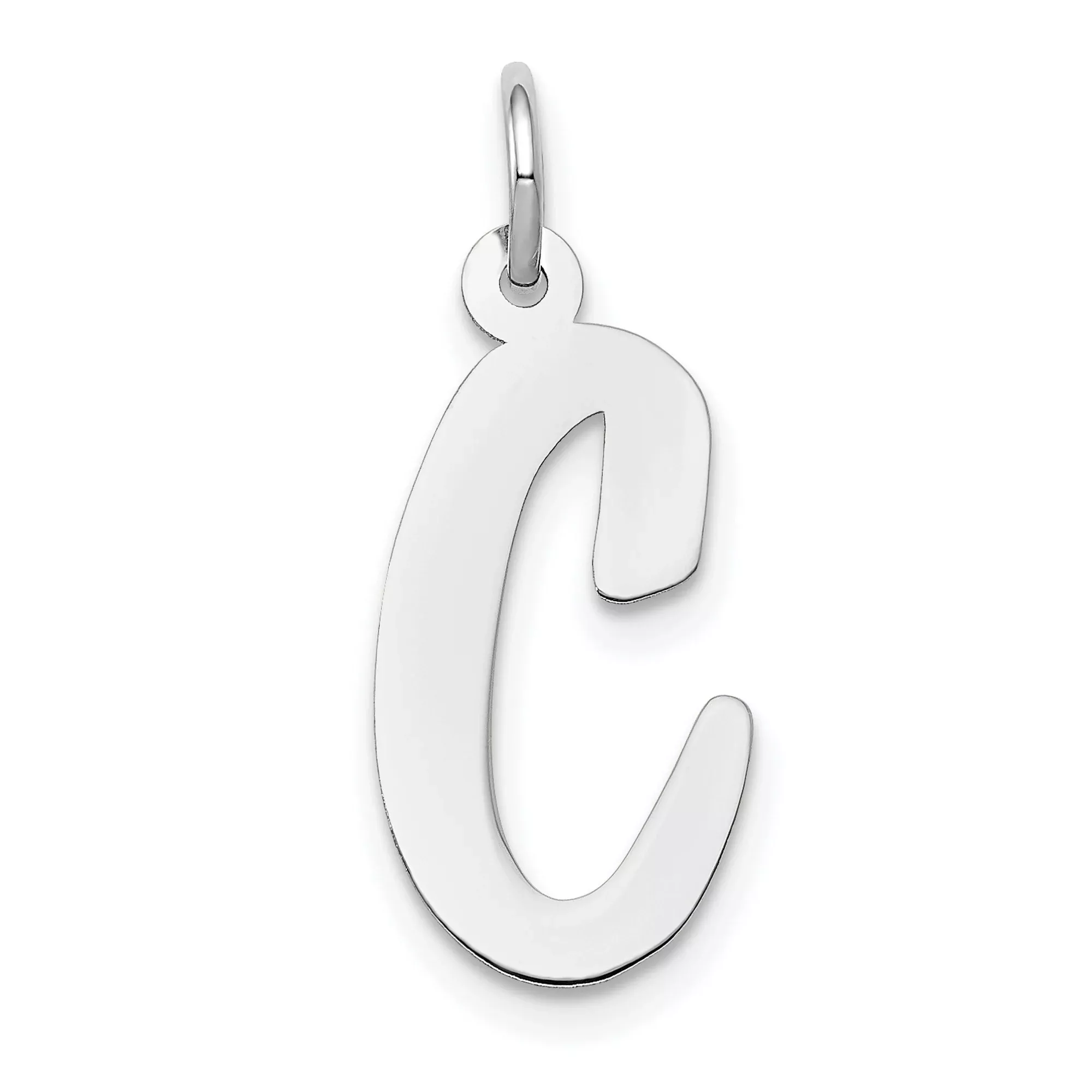 Large Polished Flat Script Upper Case Letter C Initial Charm Pendant in Real 14k White Gold