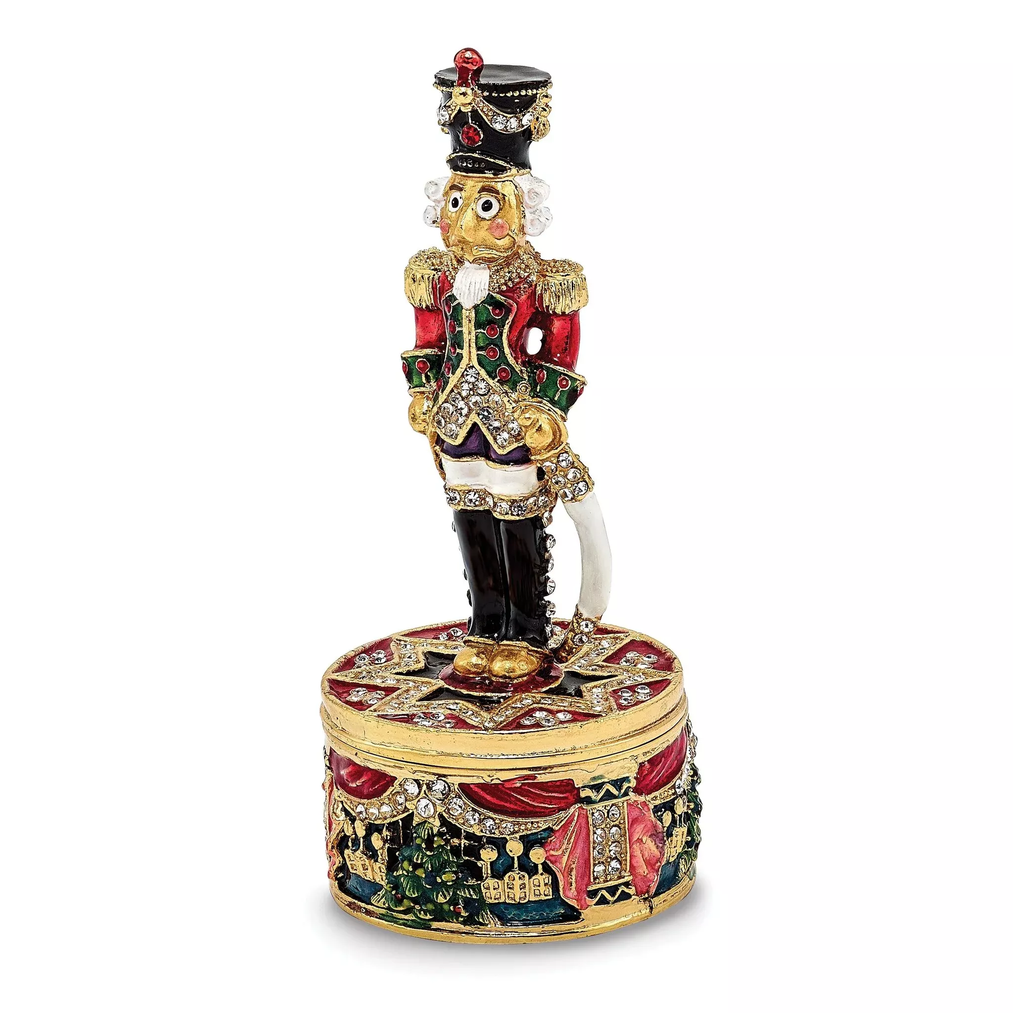 Luxury Giftware by Jere Bejeweled Crystals Gold-tone Enameled CHRISTOPH Nutcracker Trinket Box with Matching 18 Inch Necklace