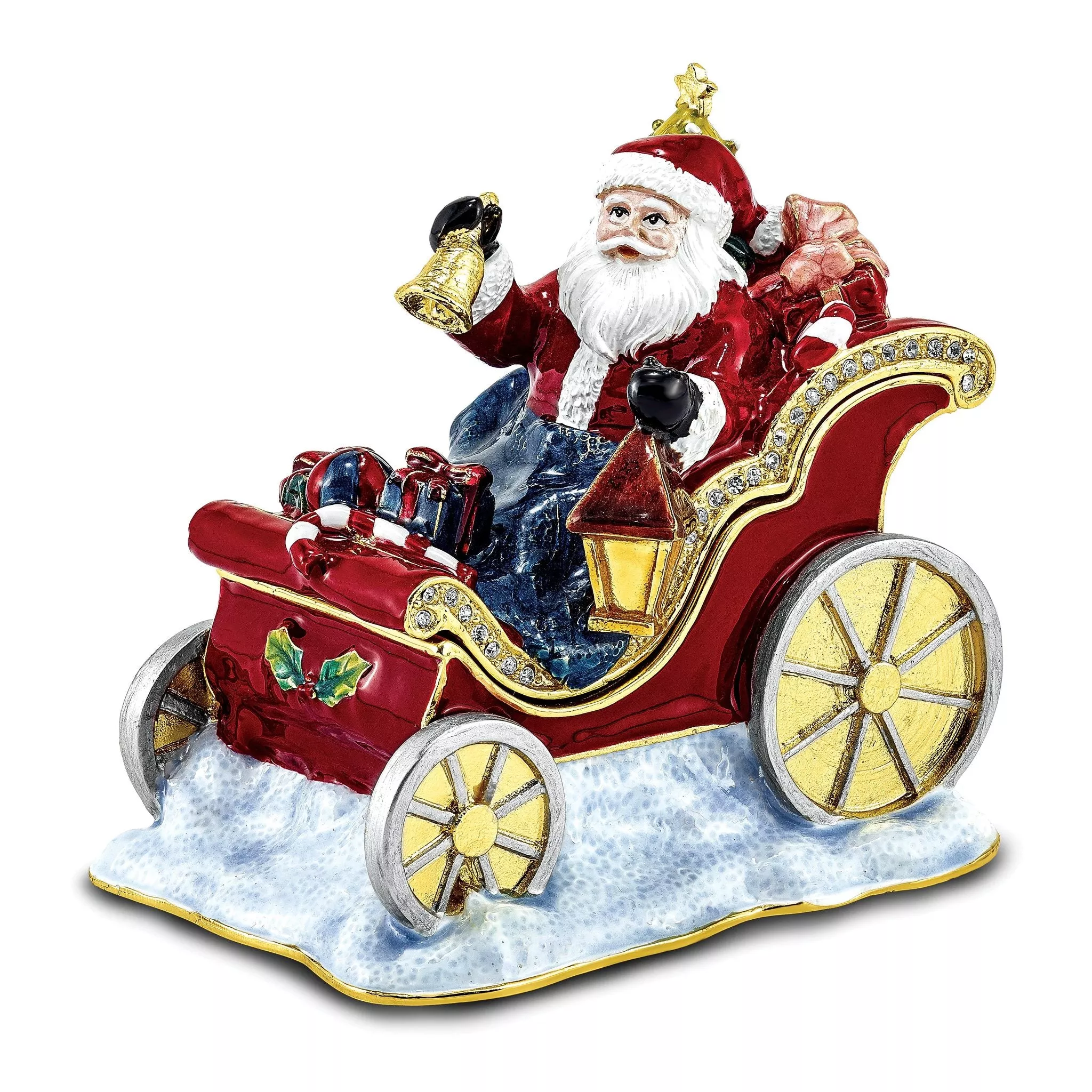 Luxury Giftware by Jere Bejeweled Crystals Gold-tone Enameled CRUISIN' SANTA in Sleigh Trinket Box with Matching 18 Inch Necklace