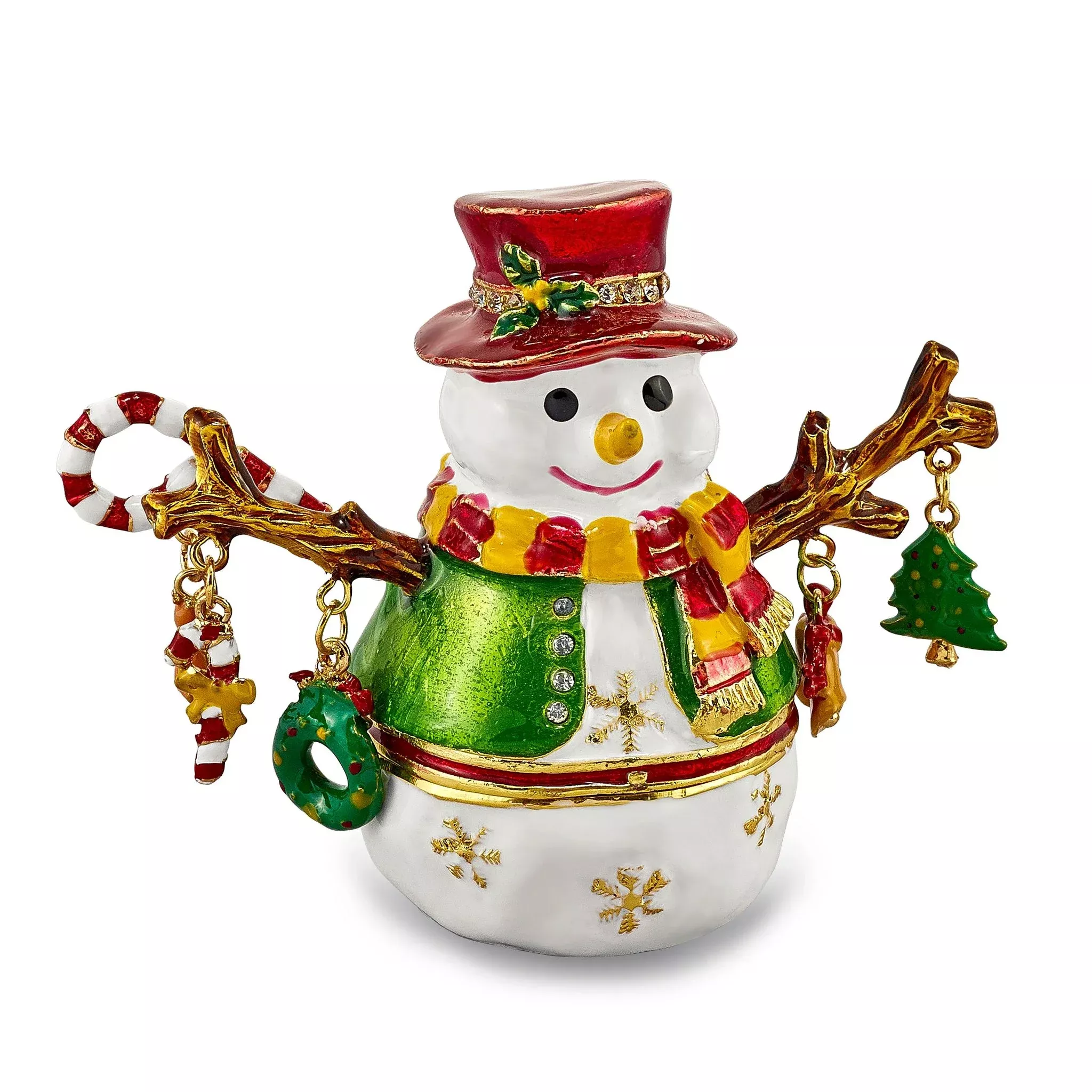 Luxury Giftware by Jere Bejeweled Crystals Gold-tone Enameled LOGAN Snowman Tree Trinket Box with Matching 18 Inch Necklace