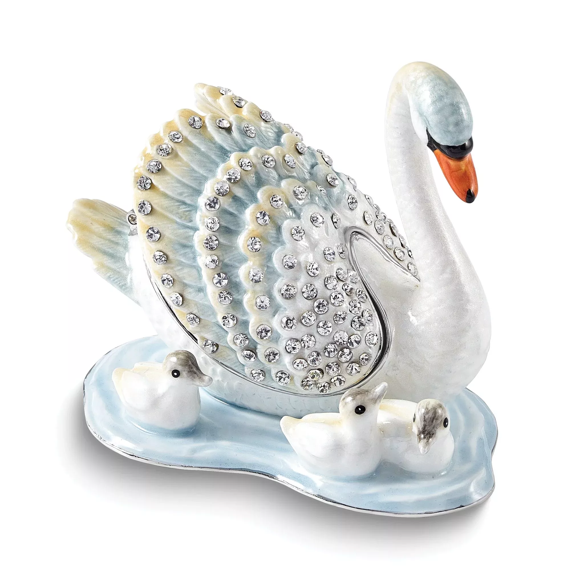 Luxury Giftware by Jere Bejeweled LEDAS DEVOTION Swan Family Trinket Box with Matching 18 inch Necklace