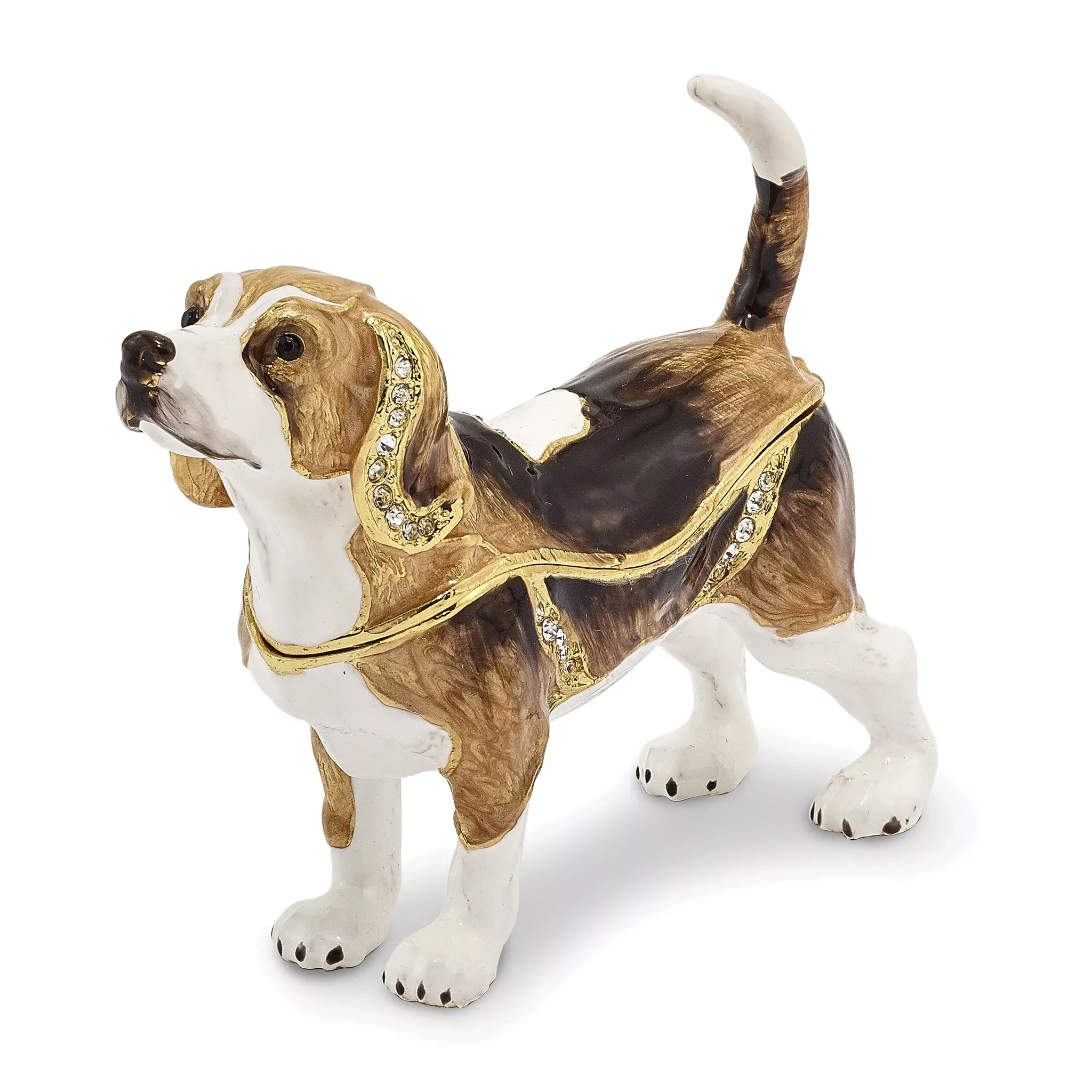Luxury Giftware by Jere Pewter Bejeweled Crystals Gold-tone Enameled BEAUREGARD Beagle Trinket Box with Matching 18 Inch Necklace