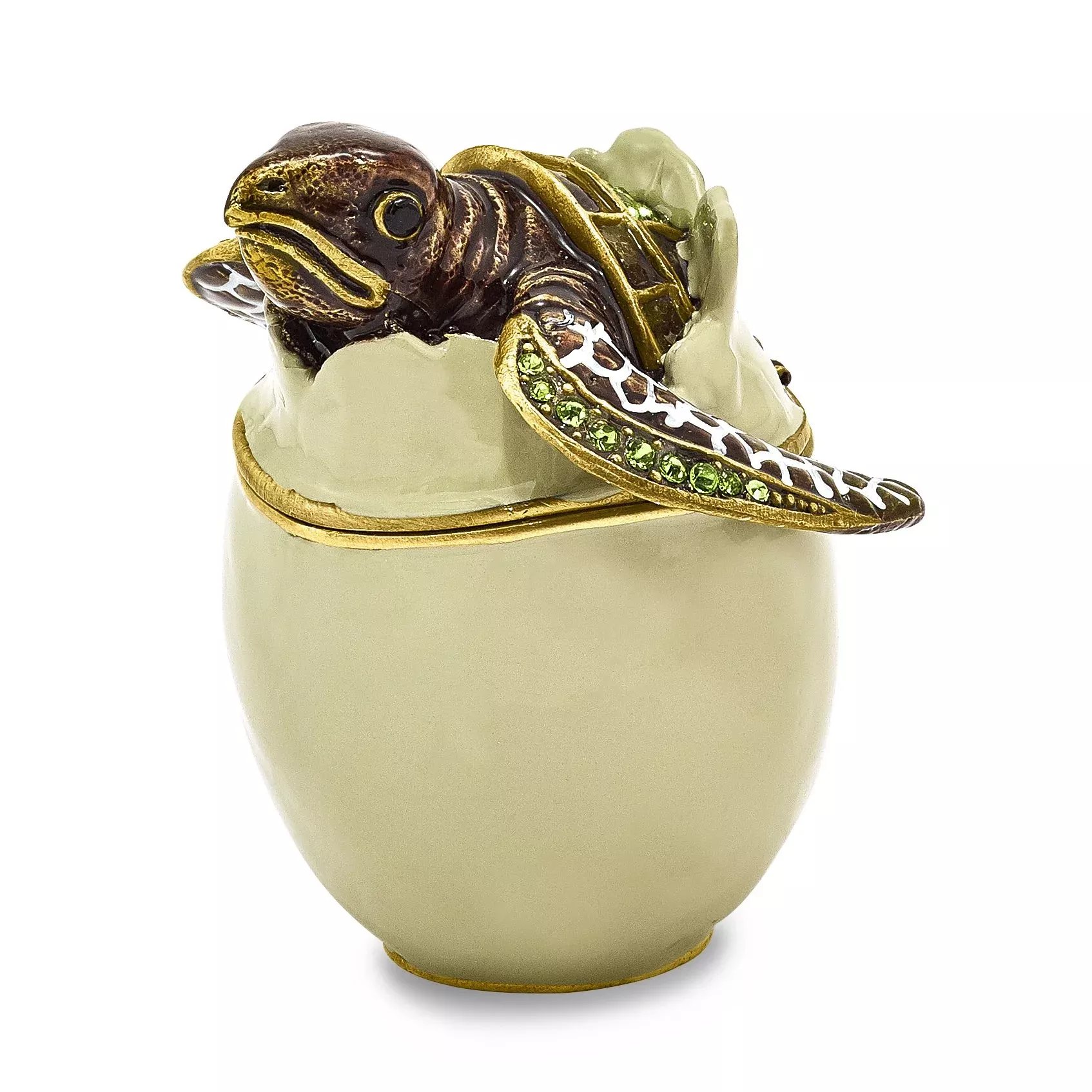 Luxury Giftware by Jere Pewter Bejeweled Crystals Gold-tone Enameled EGGBERT Turtle Hatchling Trinket Box with Matching 18 Inch Necklace