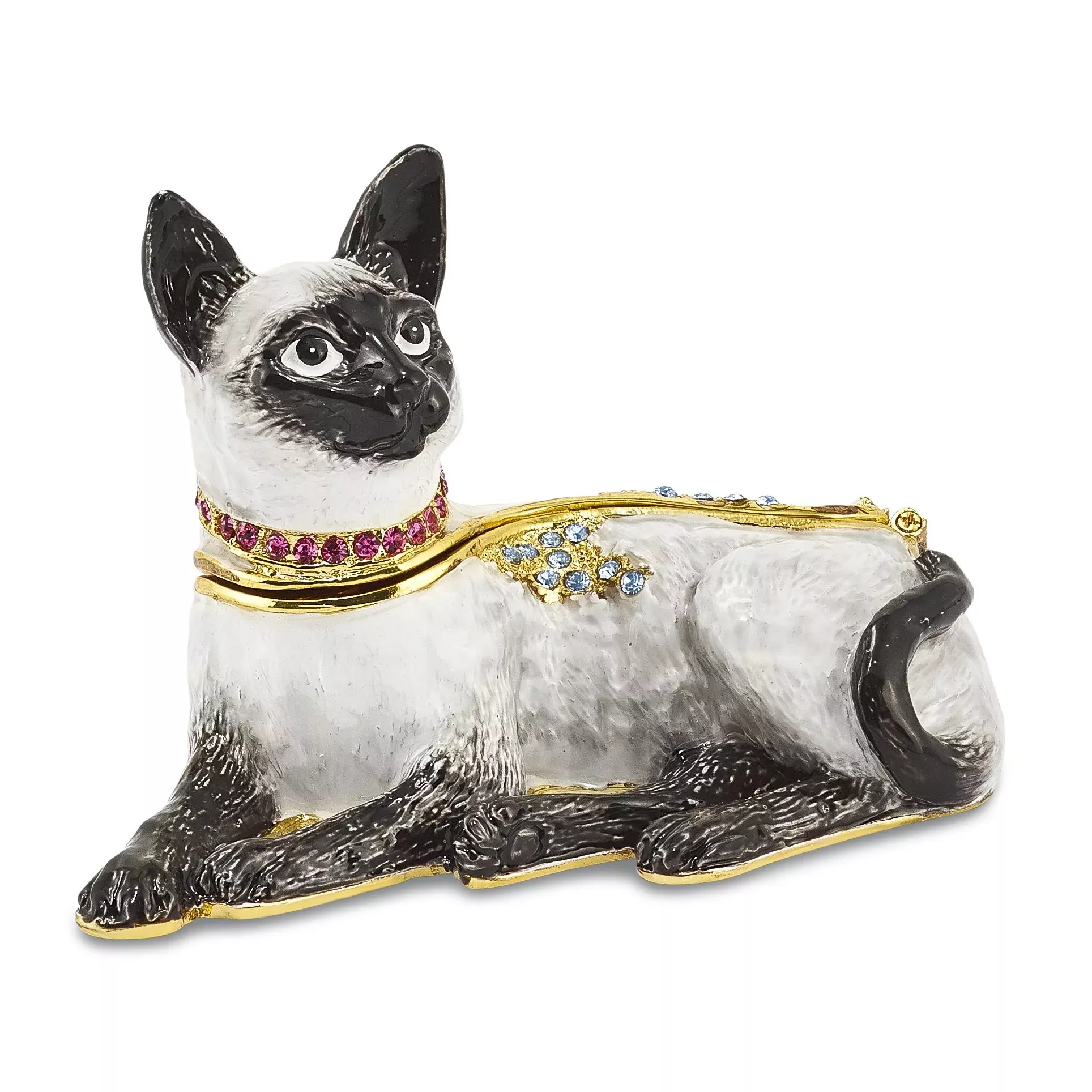 Luxury Giftware by Jere Pewter Bejeweled Crystals Gold-tone Enameled SOPHIE Siamese Cat Trinket Box with Matching 18 Inch Necklace