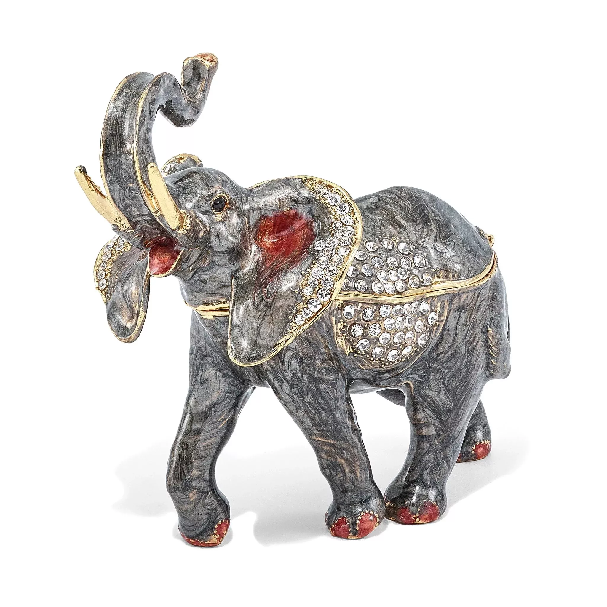 Luxury Giftware by Jere Pewter Bejeweled Crystals Gold-tone Enameled ZARA Trumpeting Elephant Trinket Box with Matching 18 Inch Necklace