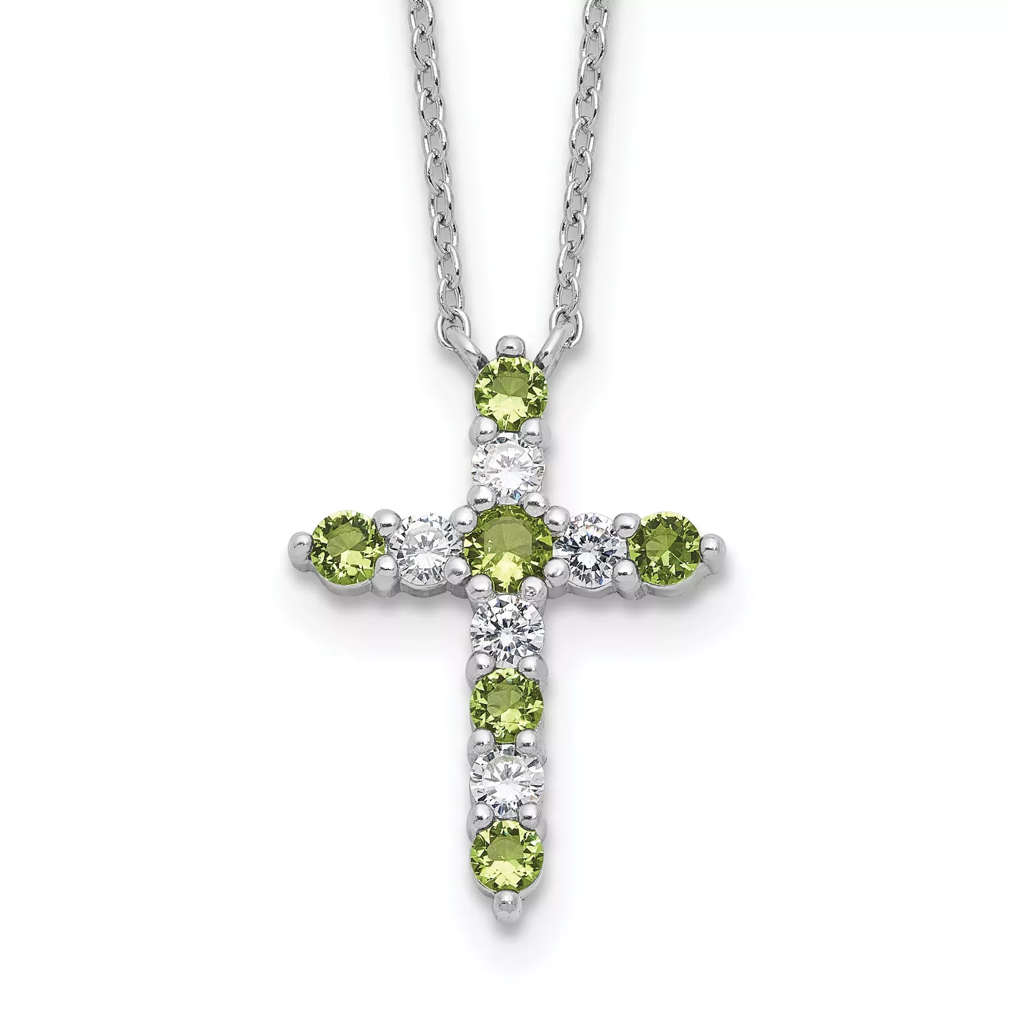 SSRhodium-Rhodium-Plated Green CZ August Birthstone Cross With 2 Inch Extention Necklace