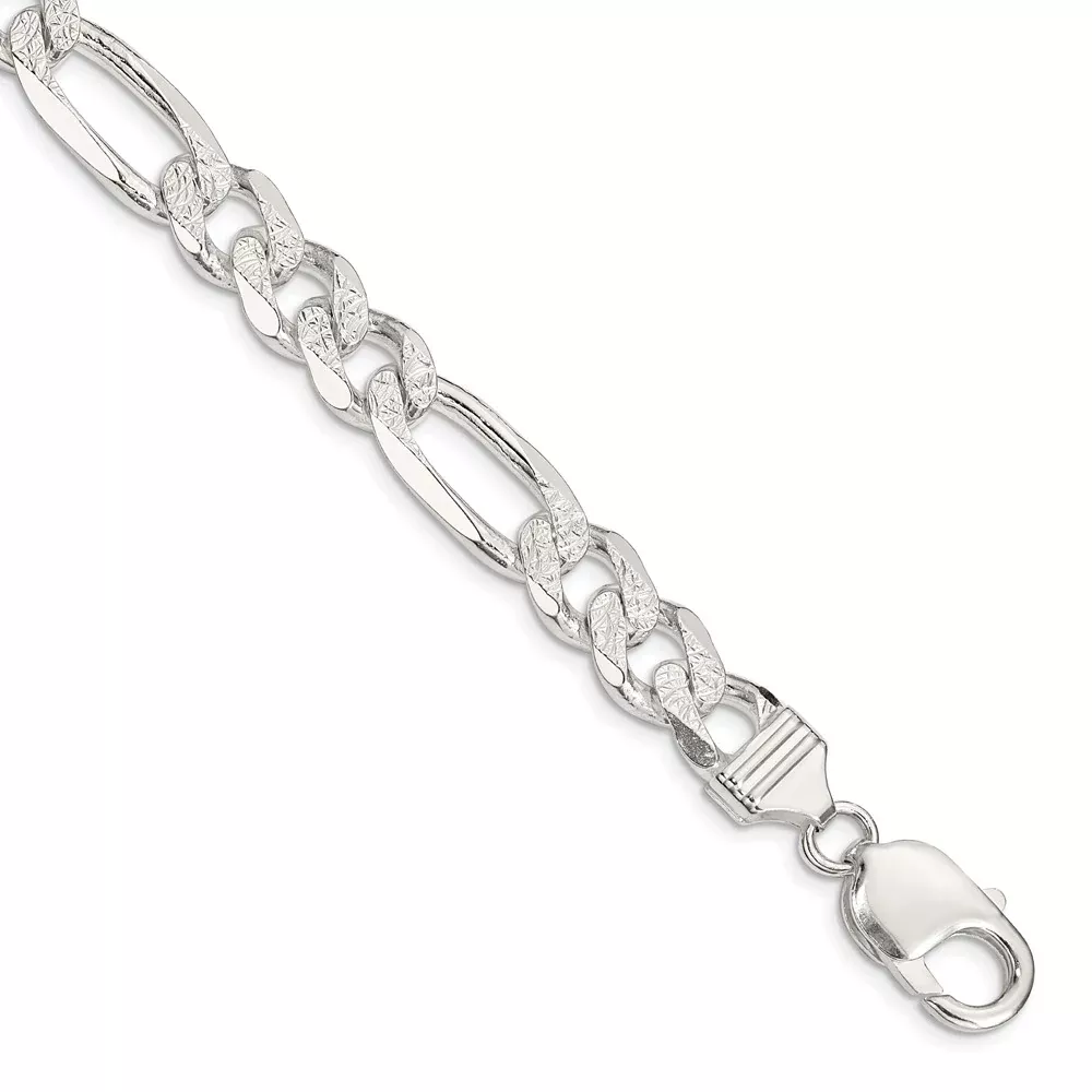 Sterling Silver 11.0mm Pav Flat Figaro Chain Bracelet