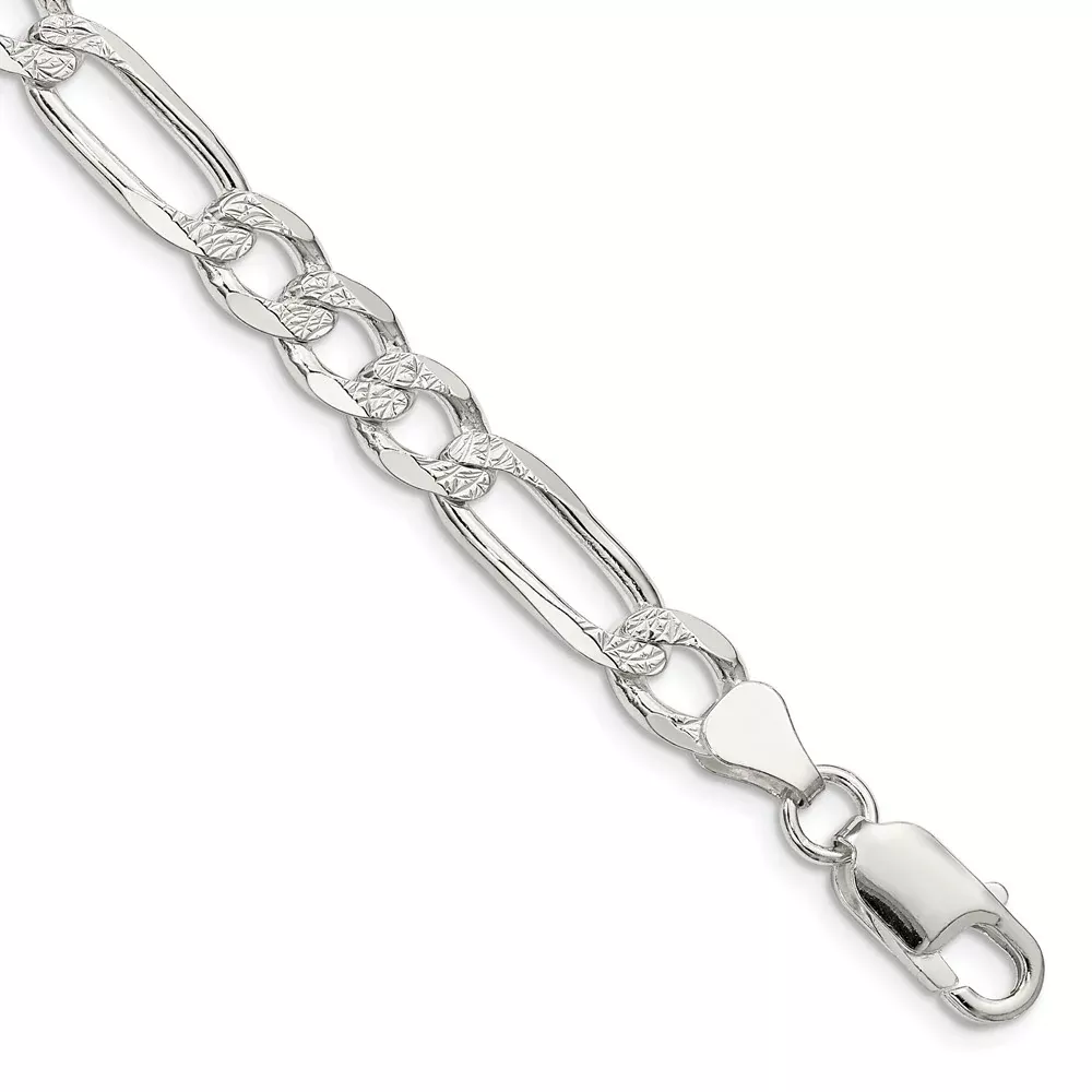 Sterling Silver 6.75mm Pav Flat Figaro Chain Bracelet