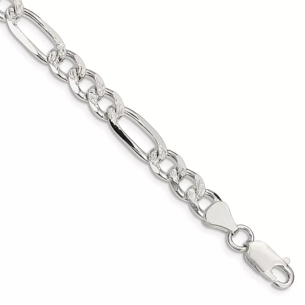 Sterling Silver 7.25mm Pav Flat Figaro Chain Bracelet