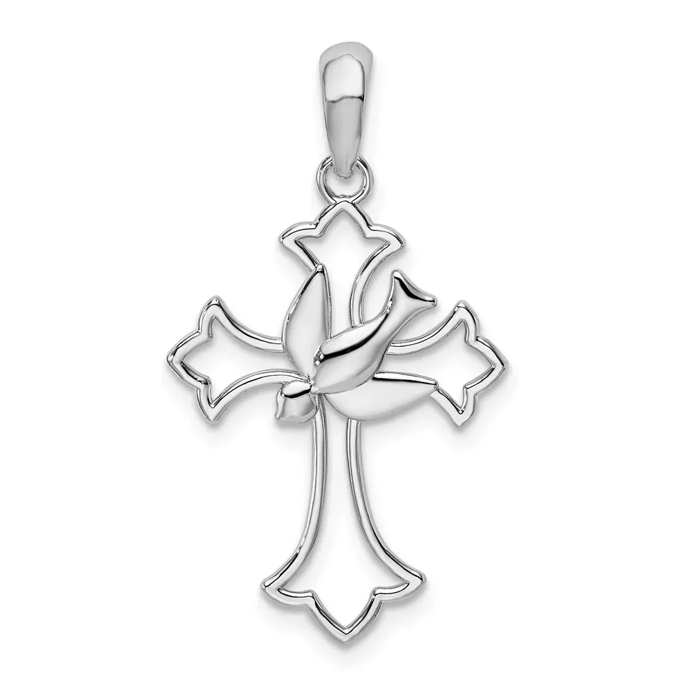 Sterling Silver De-Ani Rhodium-Plated Cut-Out Fleur De Lis Cross With Dove Pendant